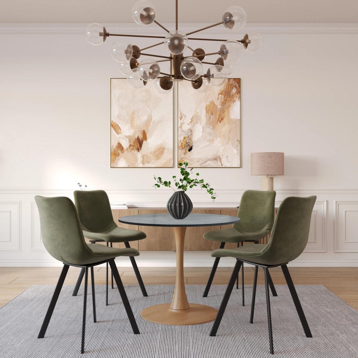 Bristol Round Dining Table With MDF Wood/Sintered Stone Tabletop with Natural Wood Finish Pedestal Base