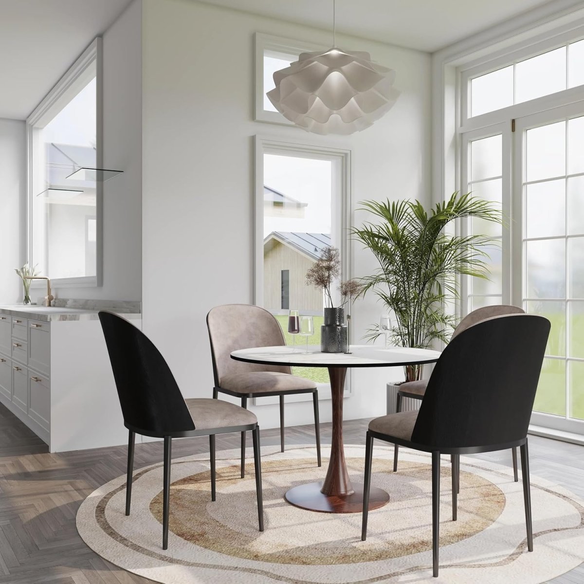 Bristol Round Dining Table With MDF Wood/Sintered Stone Tabletop with Walnut Finish Pedestal Base