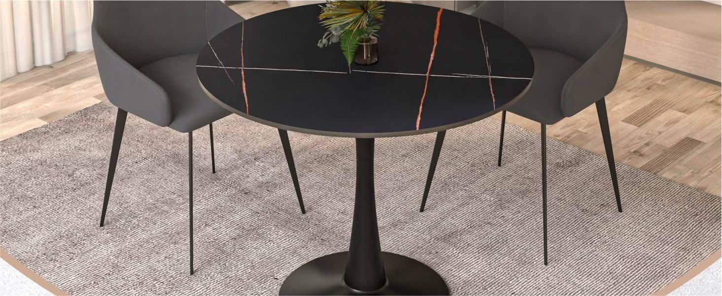 Bristol Round Dining Table with MDF/Sintered Stone/Glass Tabletop in Black Steel Base