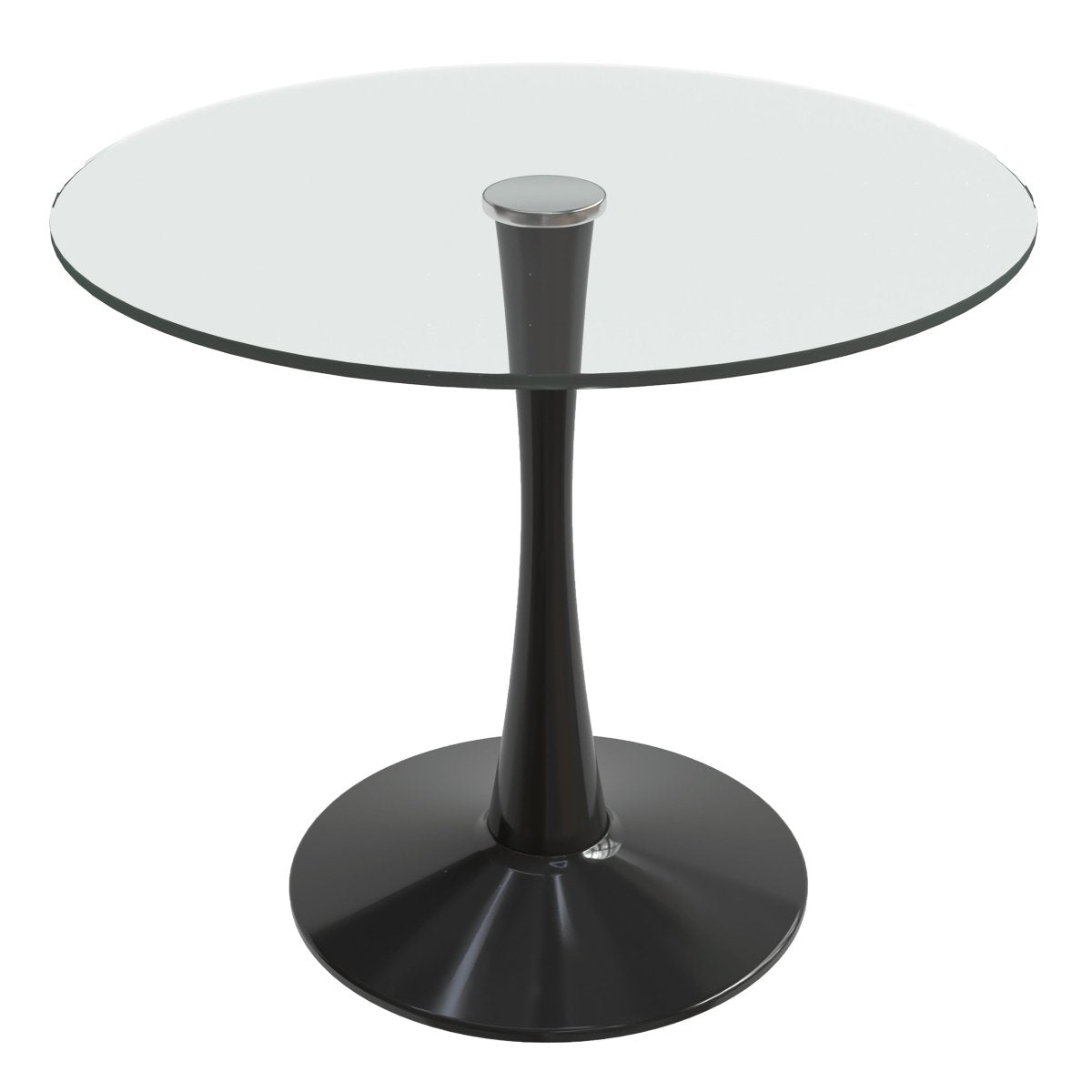 Bristol Round Dining Table with MDF/Sintered Stone/Glass Tabletop in Black Steel Base Glass Clear Dining Table Leisuremod