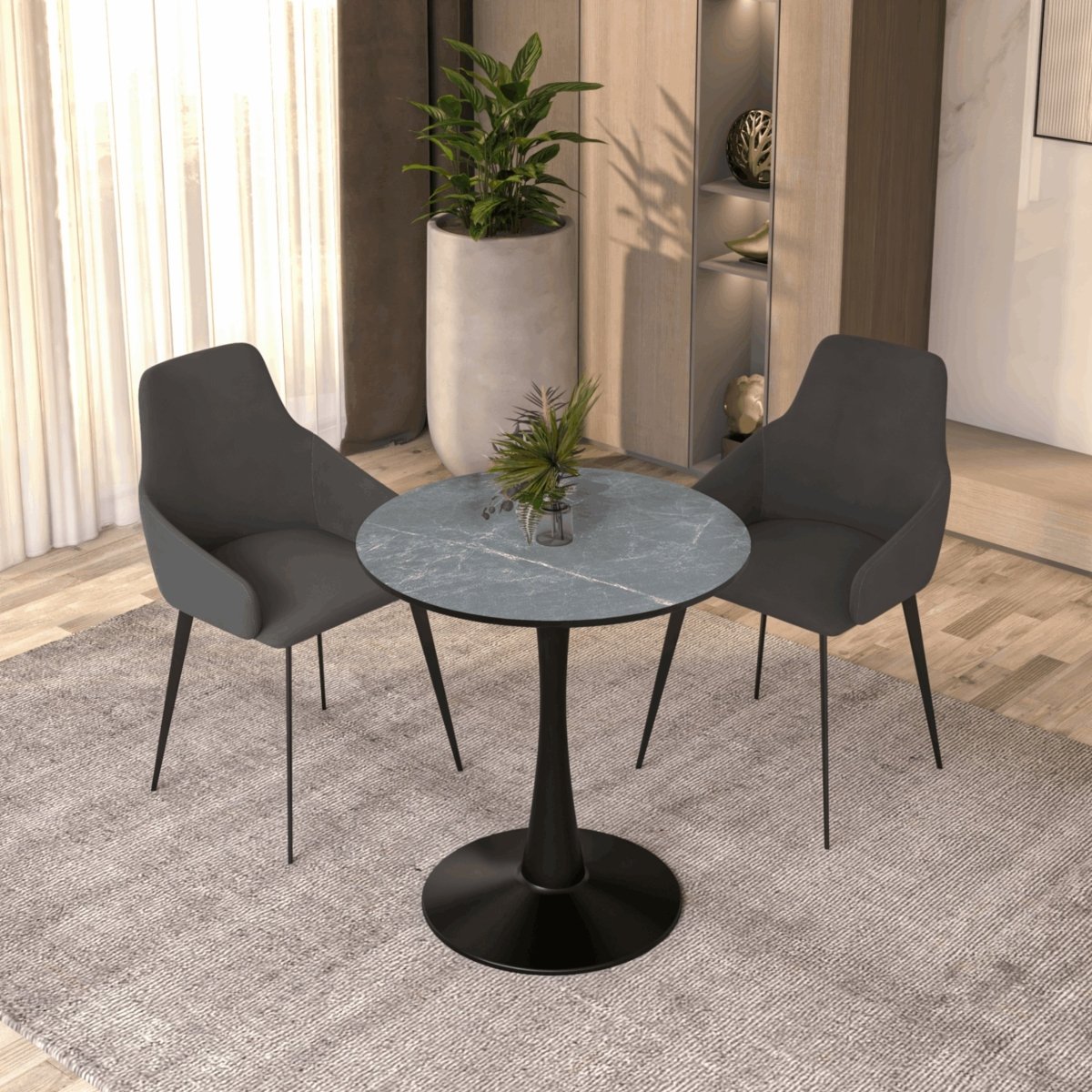 Bristol Round Dining Table with MDF/Sintered Stone/Glass Tabletop in Black Steel Base