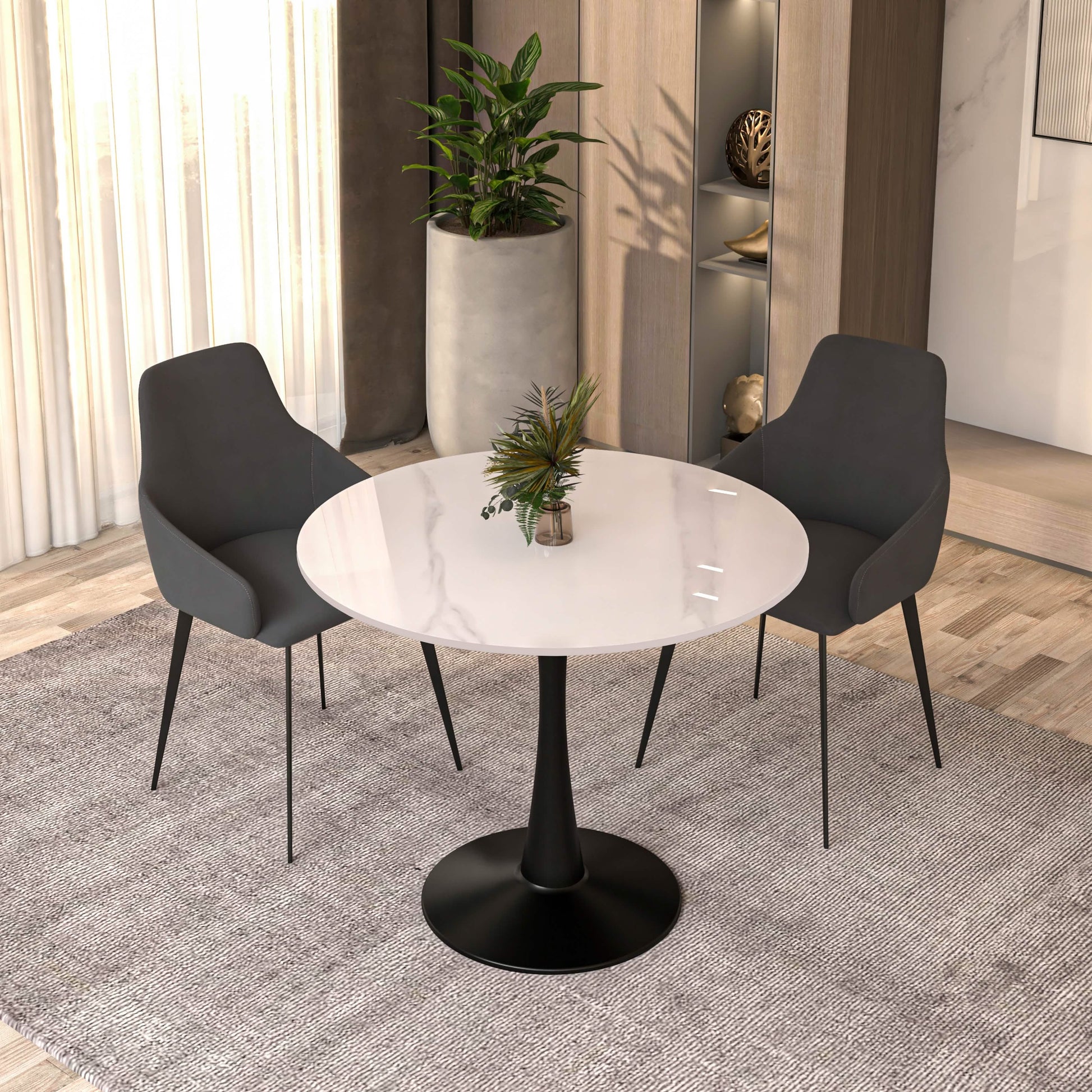 Bristol Round Dining Table with MDF/Sintered Stone/Glass Tabletop in Black Steel Base