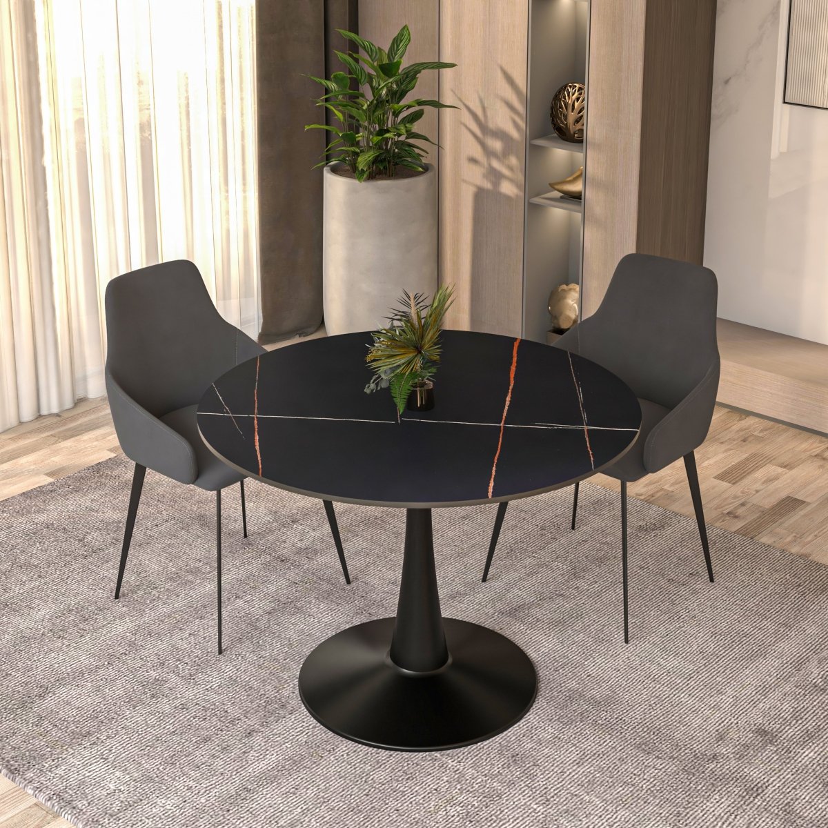 Bristol Round Dining Table with MDF/Sintered Stone/Glass Tabletop in Black Steel Base