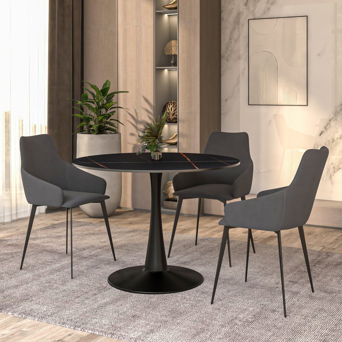 Bristol Round Dining Table with MDF/Sintered Stone/Glass Tabletop in Black Steel Base