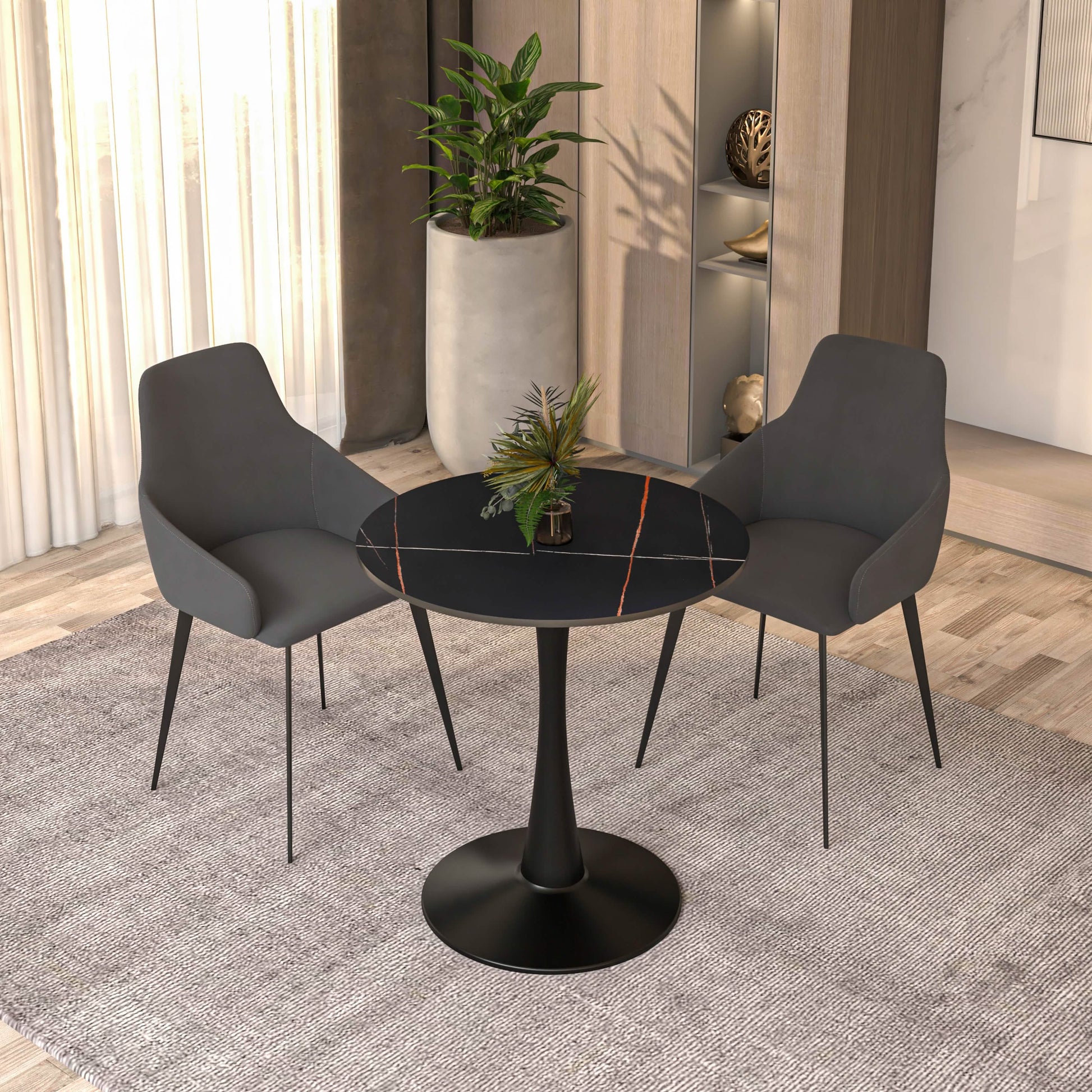 Bristol Round Dining Table with MDF/Sintered Stone/Glass Tabletop in Black Steel Base