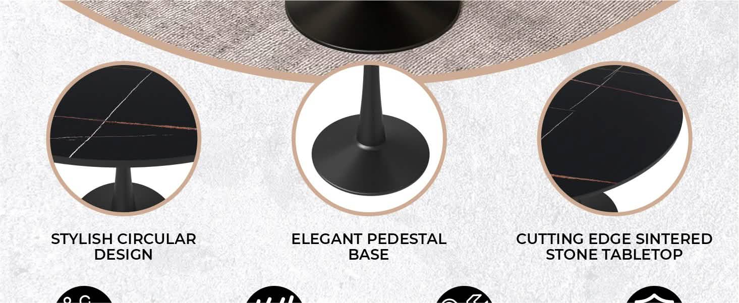 Bristol Round Dining Table with MDF/Sintered Stone/Glass Tabletop in Black Steel Base