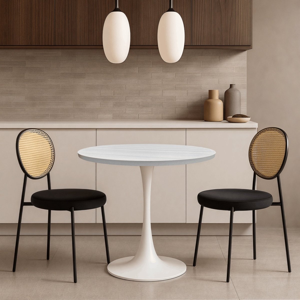 Bristol Round Dining Table with MDF/Sintered Stone/Glass Wood Tabletop in White Steel