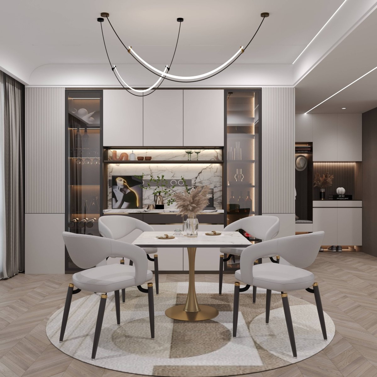 Bristol Square Dining Table with Marble White MDF Top and Steel Pedestal Base