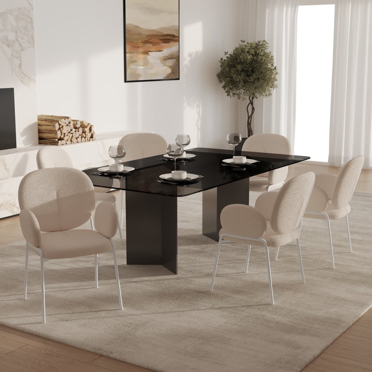 Celestial Modern Boucle Dining Side Chair with Black/White Powder Coated Iron Frame
