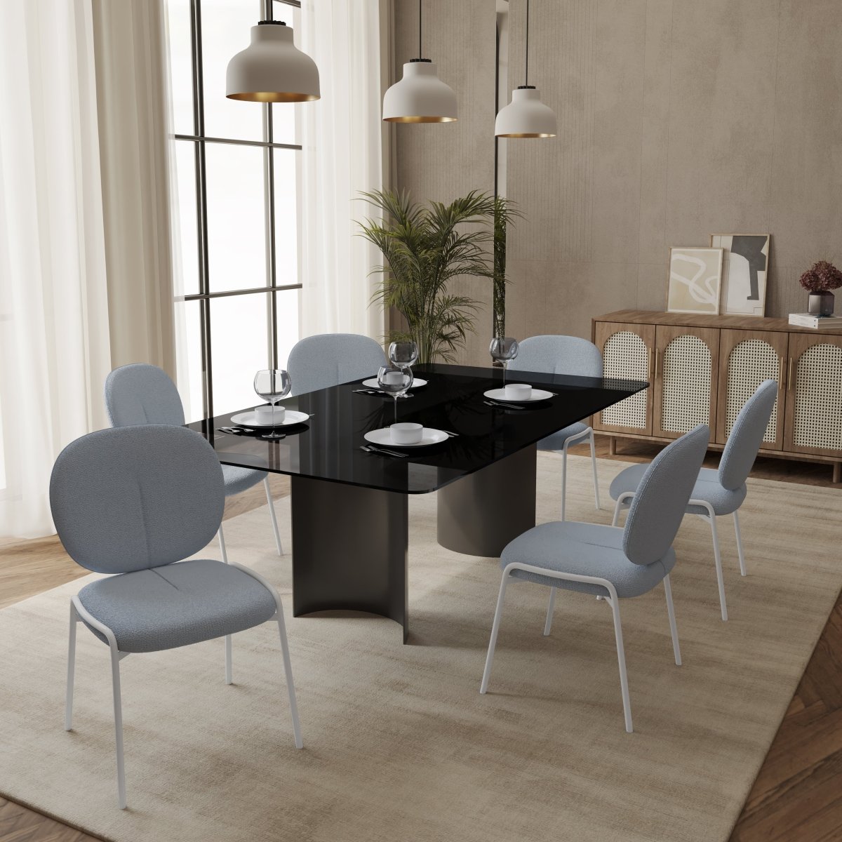 Celestial Modern Boucle Dining Side Chair with Black/White Powder Coated Iron Frame