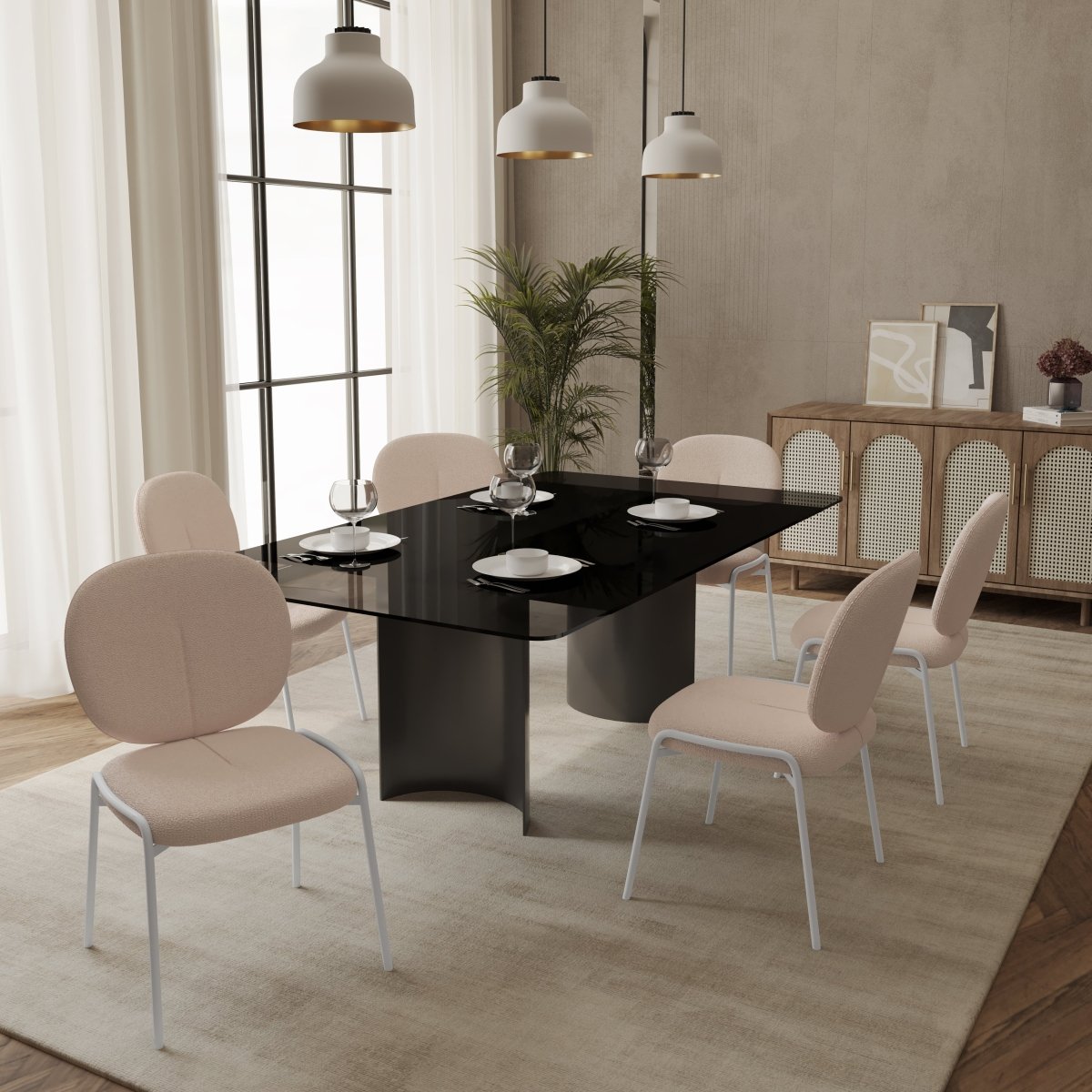 Celestial Modern Boucle Dining Side Chair with Black/White Powder Coated Iron Frame