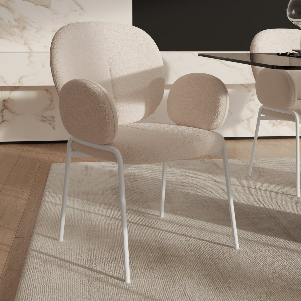 Celestial Modern Boucle Dining Side Chair with Black/White Powder Coated Iron Frame