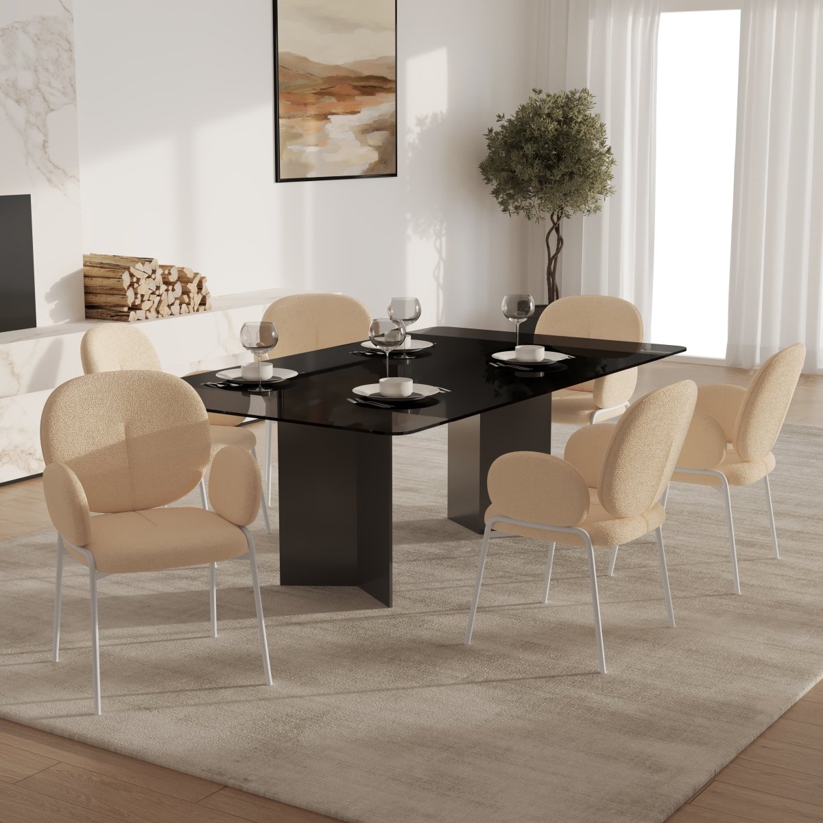 Celestial Modern Boucle Dining Side Chair with Black/White Powder Coated Iron Frame
