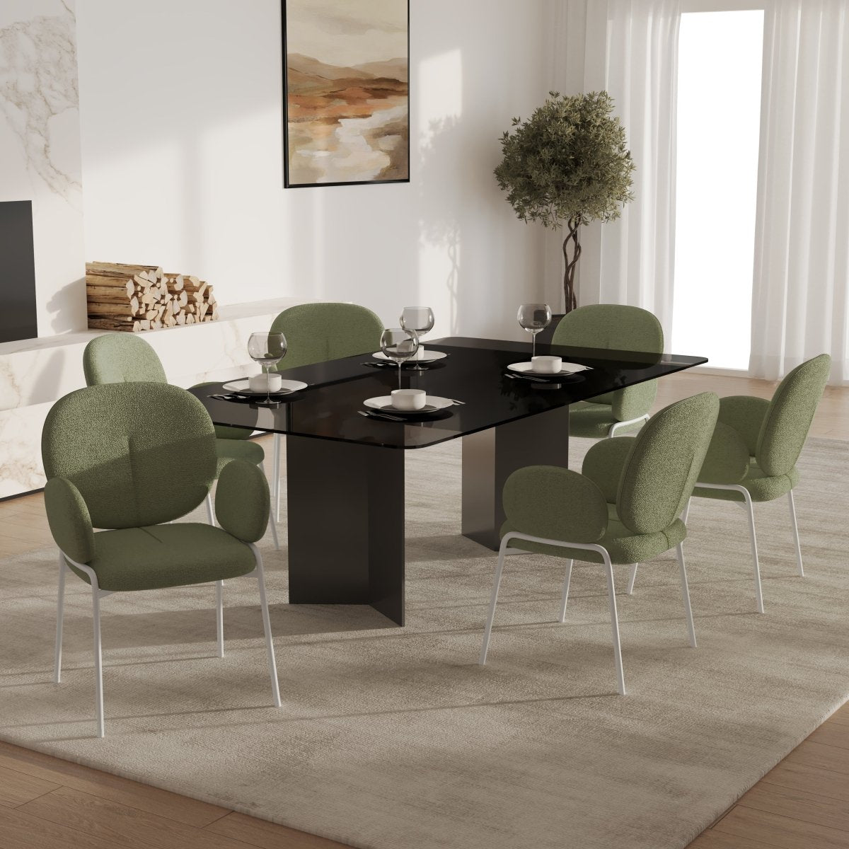 Celestial Modern Boucle Dining Side Chair with Black/White Powder Coated Iron Frame