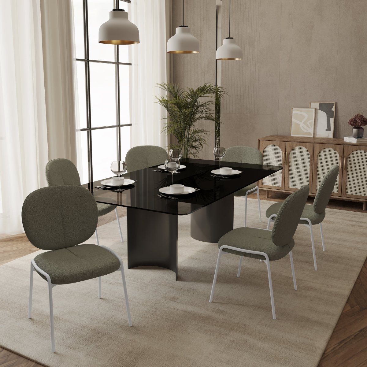 Celestial Modern Boucle Dining Side Chair with Black/White Powder Coated Iron Frame