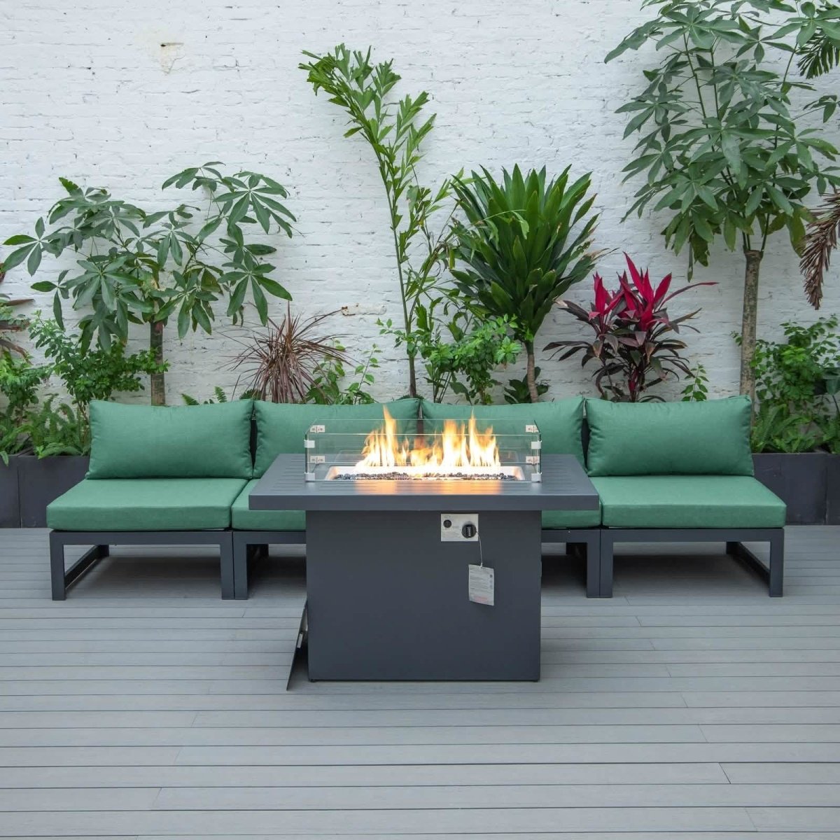 Chelsea 5 - Piece Middle Patio Chairs and Fire Pit Table Set Black Aluminum With Cushions