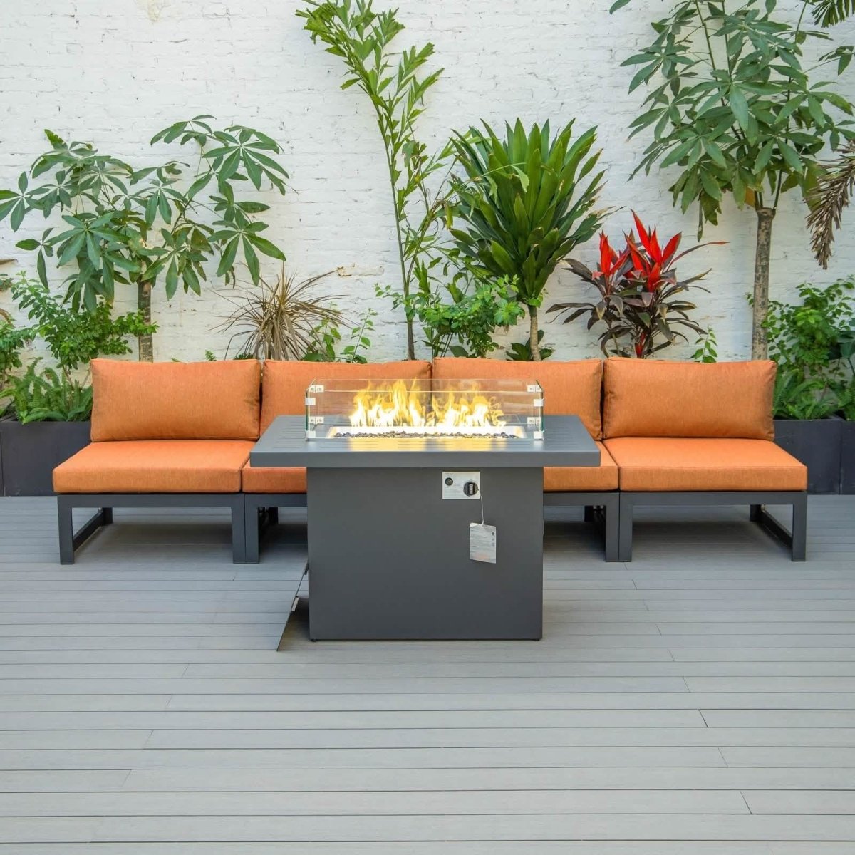 Chelsea 5 - Piece Middle Patio Chairs and Fire Pit Table Set Black Aluminum With Cushions