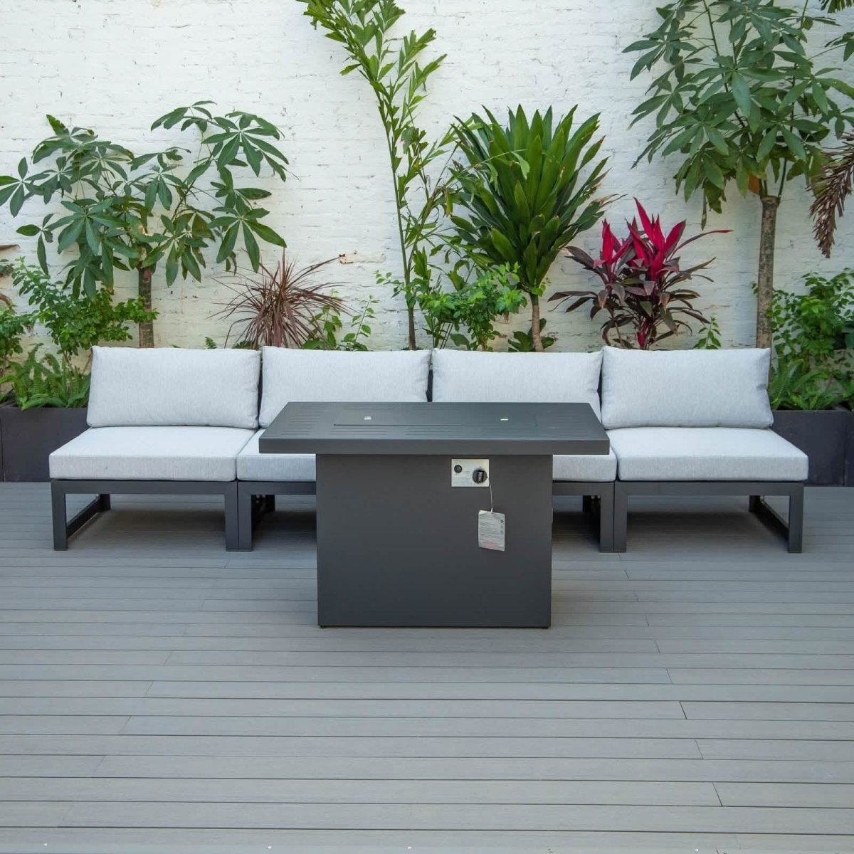 Chelsea 5 - Piece Middle Patio Chairs and Fire Pit Table Set Black Aluminum With Cushions