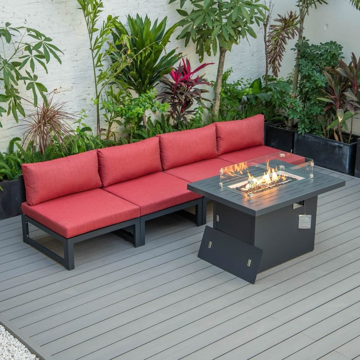 Chelsea 5 - Piece Middle Patio Chairs and Fire Pit Table Set Black Aluminum With Cushions