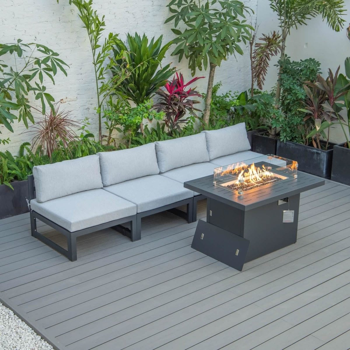 Chelsea 5 - Piece Middle Patio Chairs and Fire Pit Table Set Black Aluminum With Cushions