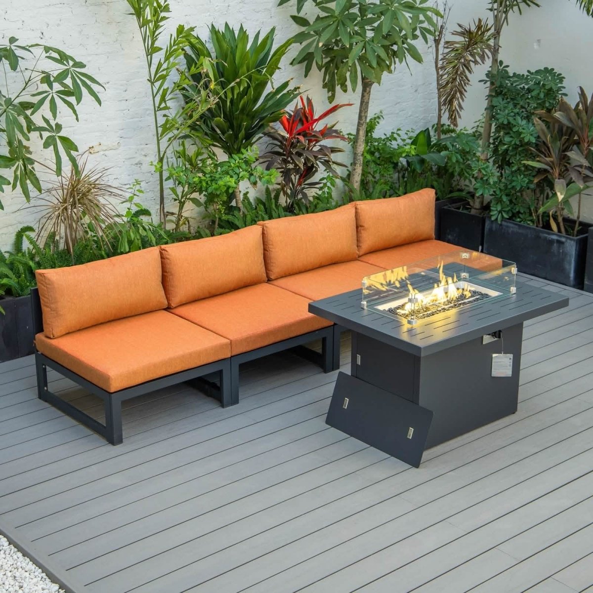 Chelsea 5 - Piece Middle Patio Chairs and Fire Pit Table Set Black Aluminum With Cushions
