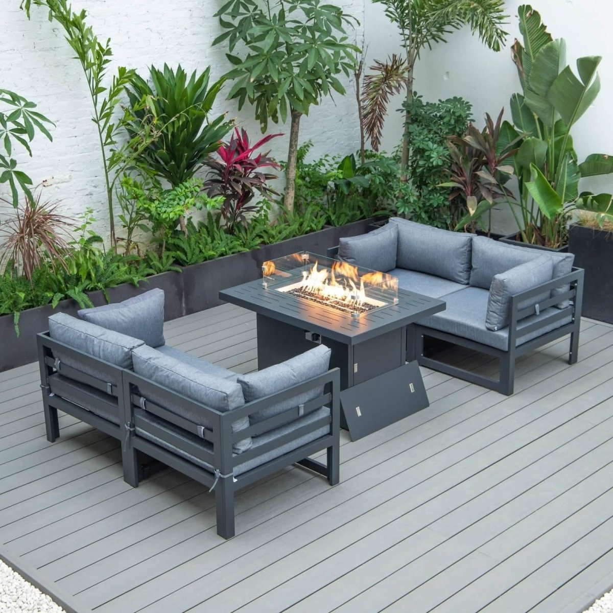Chelsea 5 - Piece Sectional Loveseat and Fireplace Set Black Aluminum with Cushions