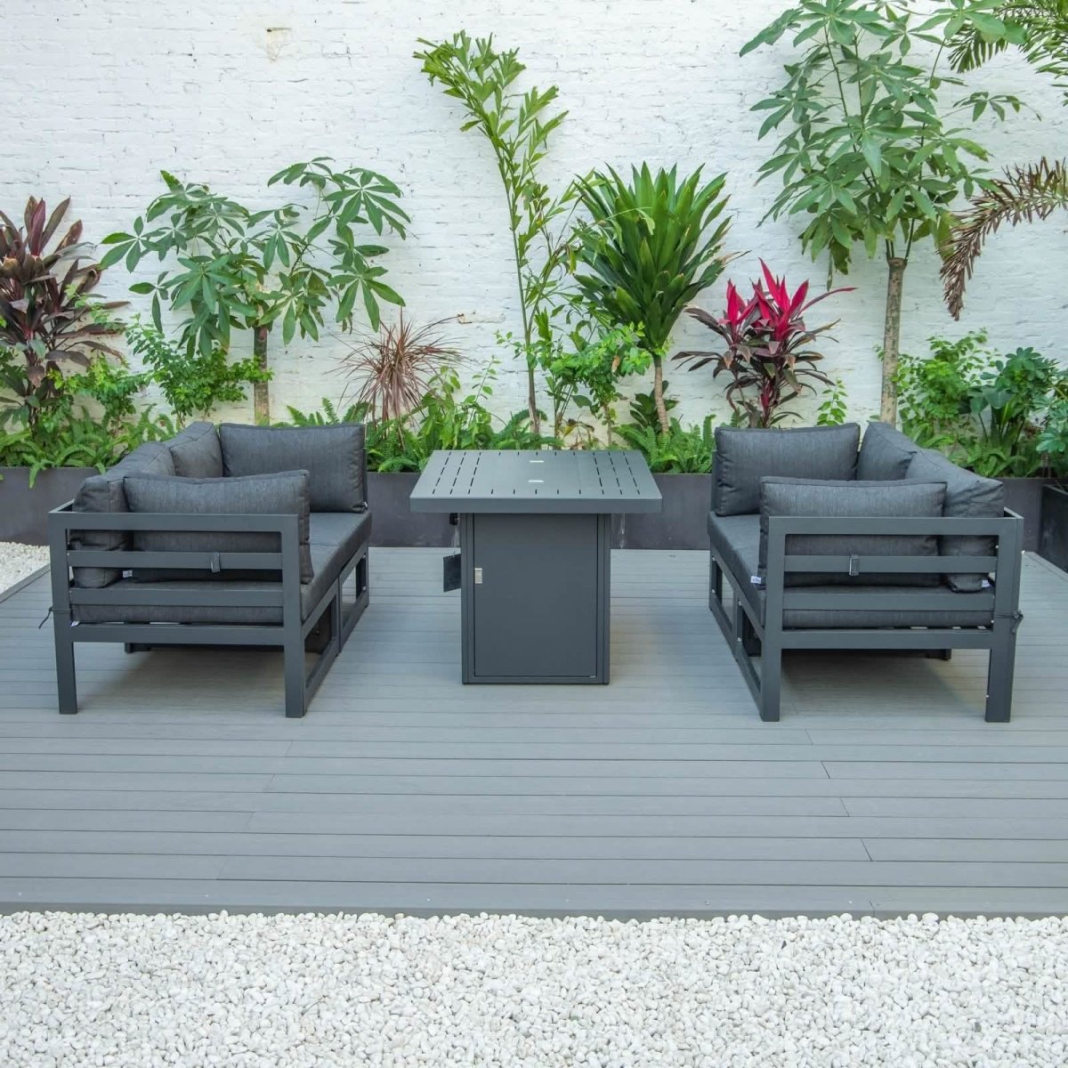Chelsea 5 - Piece Sectional Loveseat and Fireplace Set Black Aluminum with Cushions