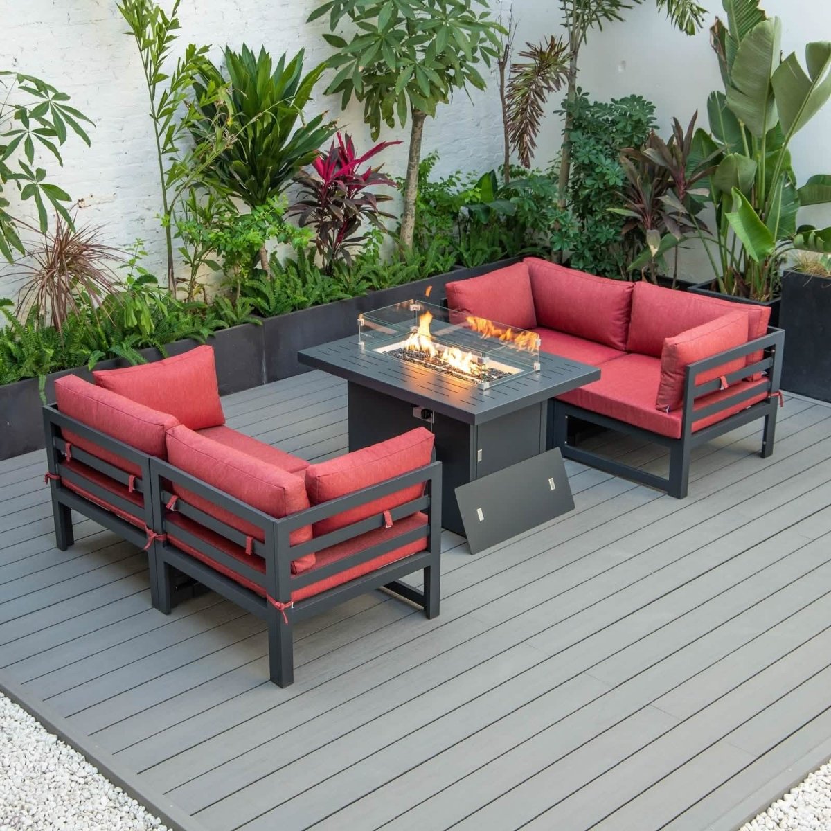 Chelsea 5 - Piece Sectional Loveseat and Fireplace Set Black Aluminum with Cushions