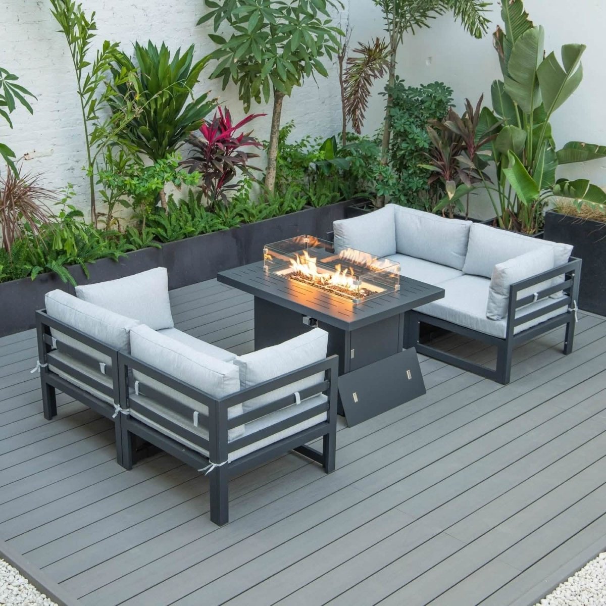 Chelsea 5 - Piece Sectional Loveseat and Fireplace Set Black Aluminum with Cushions