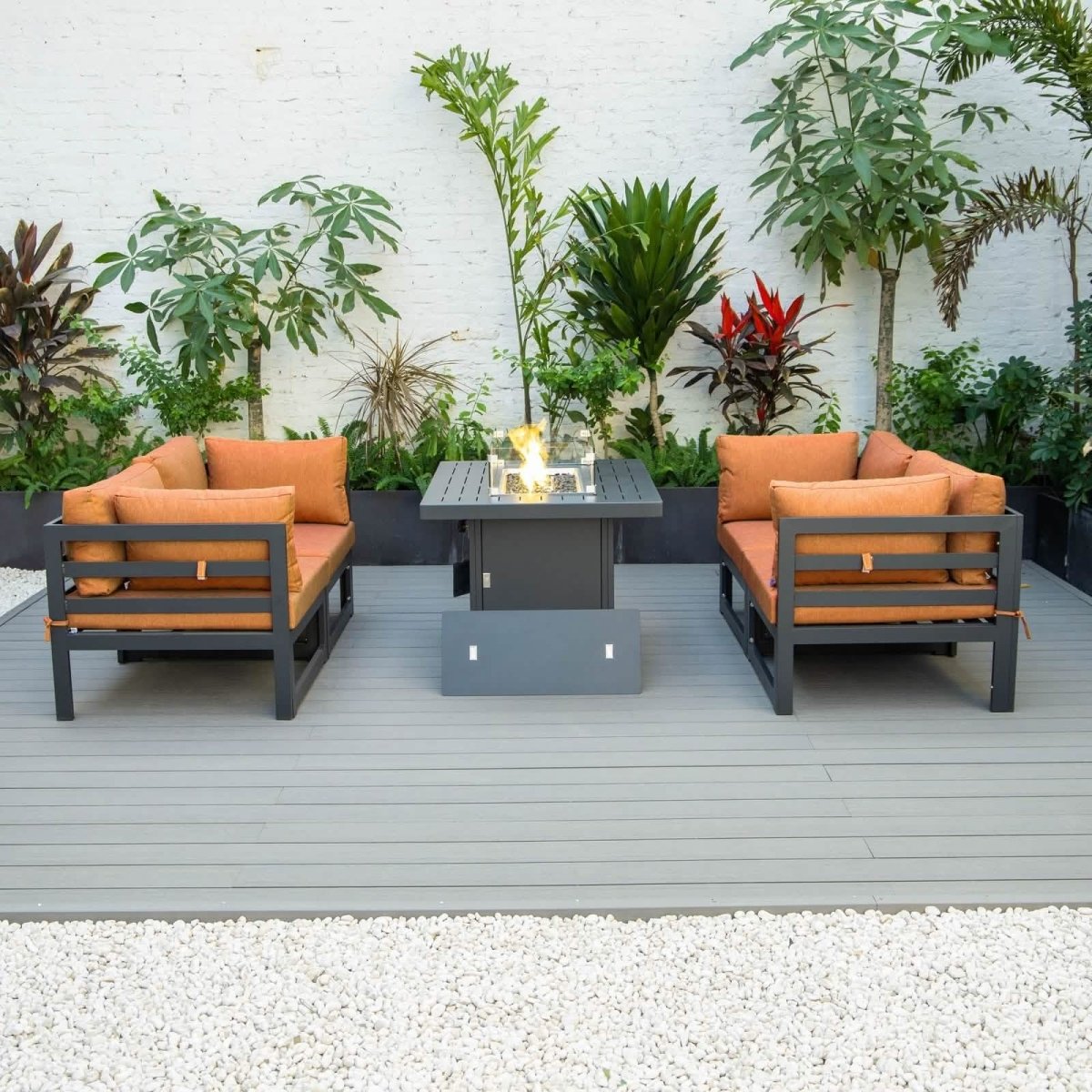Chelsea 5 - Piece Sectional Loveseat and Fireplace Set Black Aluminum with Cushions