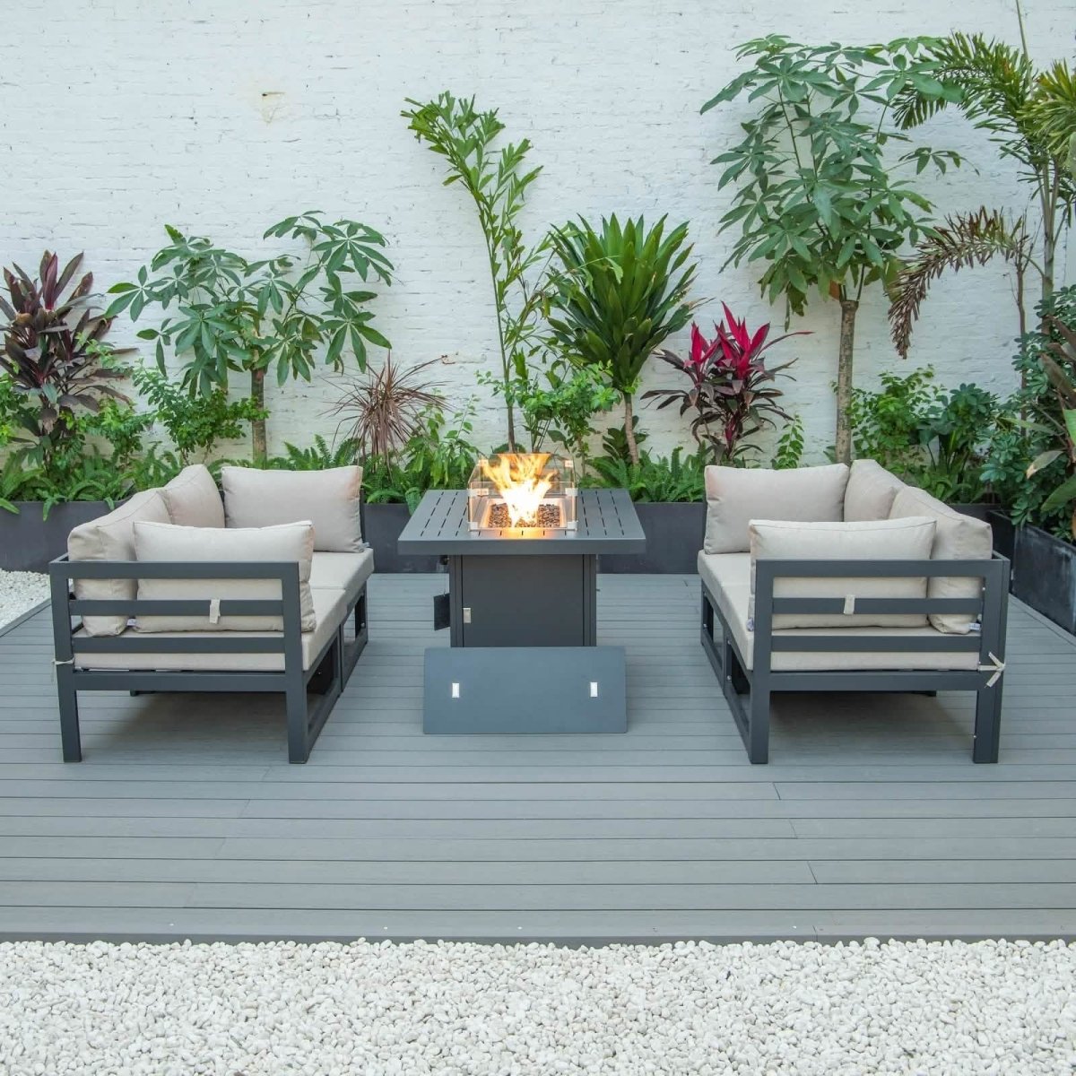 Chelsea 5 - Piece Sectional Loveseat and Fireplace Set Black Aluminum with Cushions