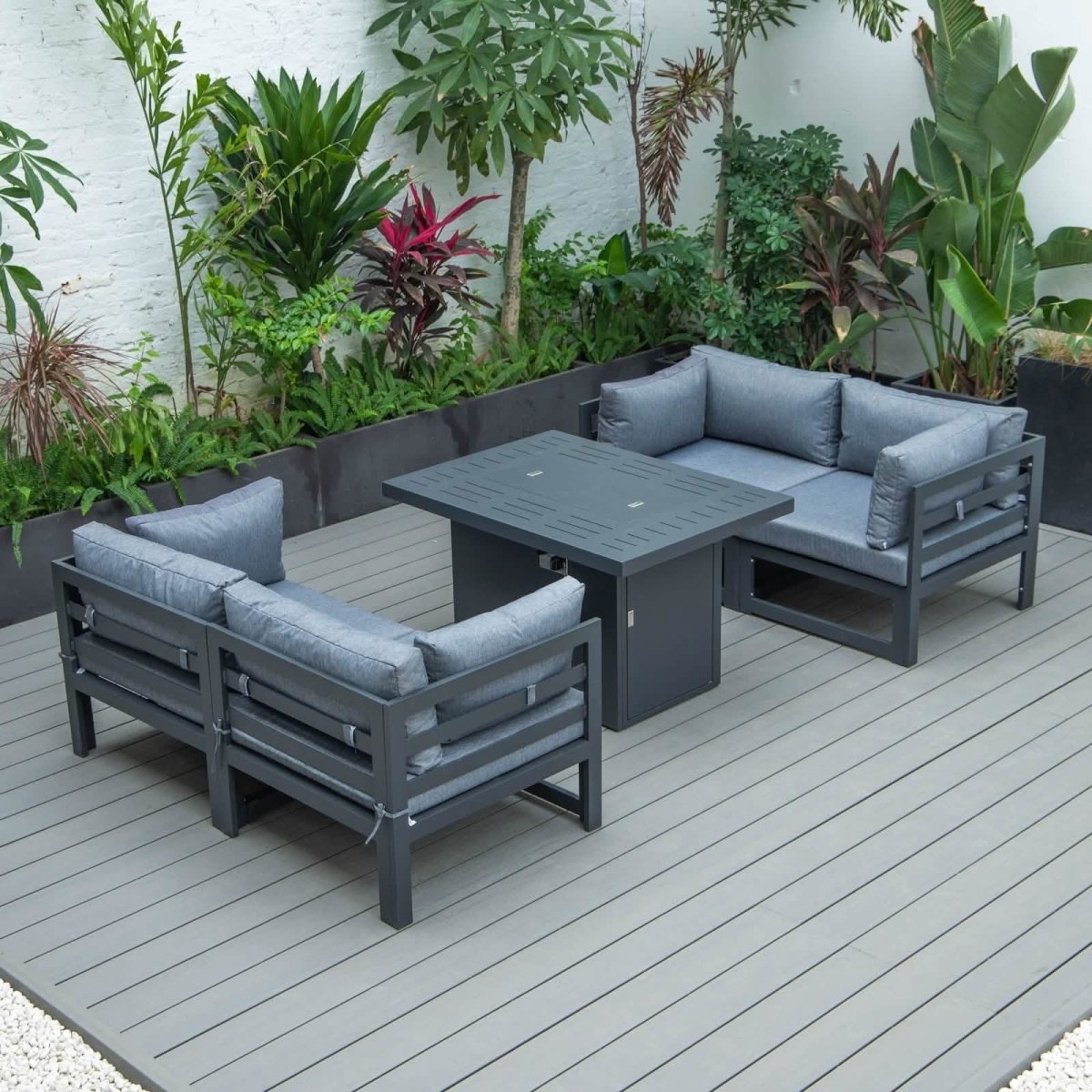 Chelsea 5 - Piece Sectional Loveseat and Fireplace Set Black Aluminum with Cushions