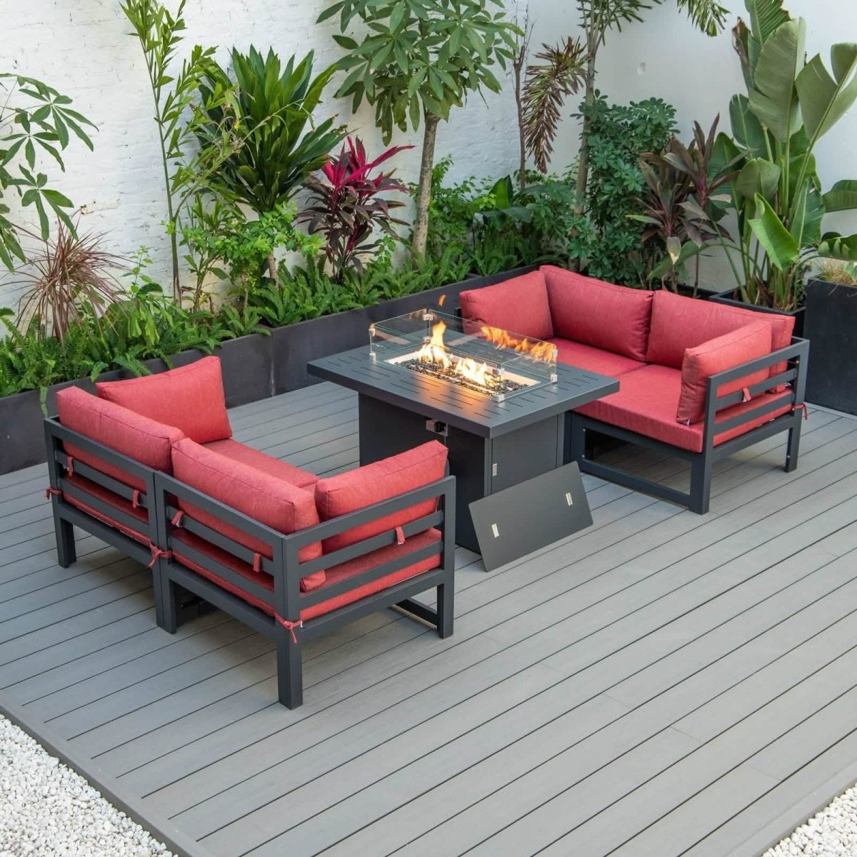 Chelsea 5 - Piece Sectional Loveseat and Fireplace Set Black Aluminum with Cushions