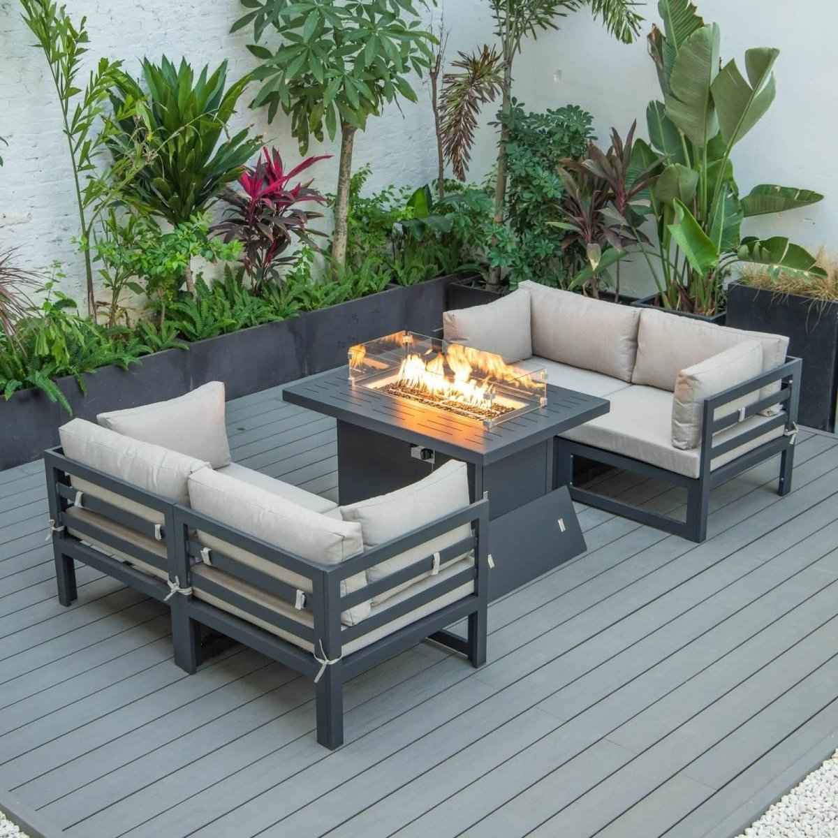 Chelsea 5 - Piece Sectional Loveseat and Fireplace Set Black Aluminum with Cushions