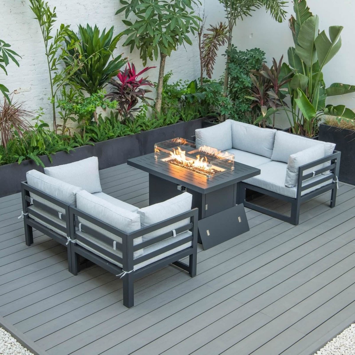 Chelsea 5 - Piece Sectional Loveseat and Fireplace Set Black Aluminum with Cushions