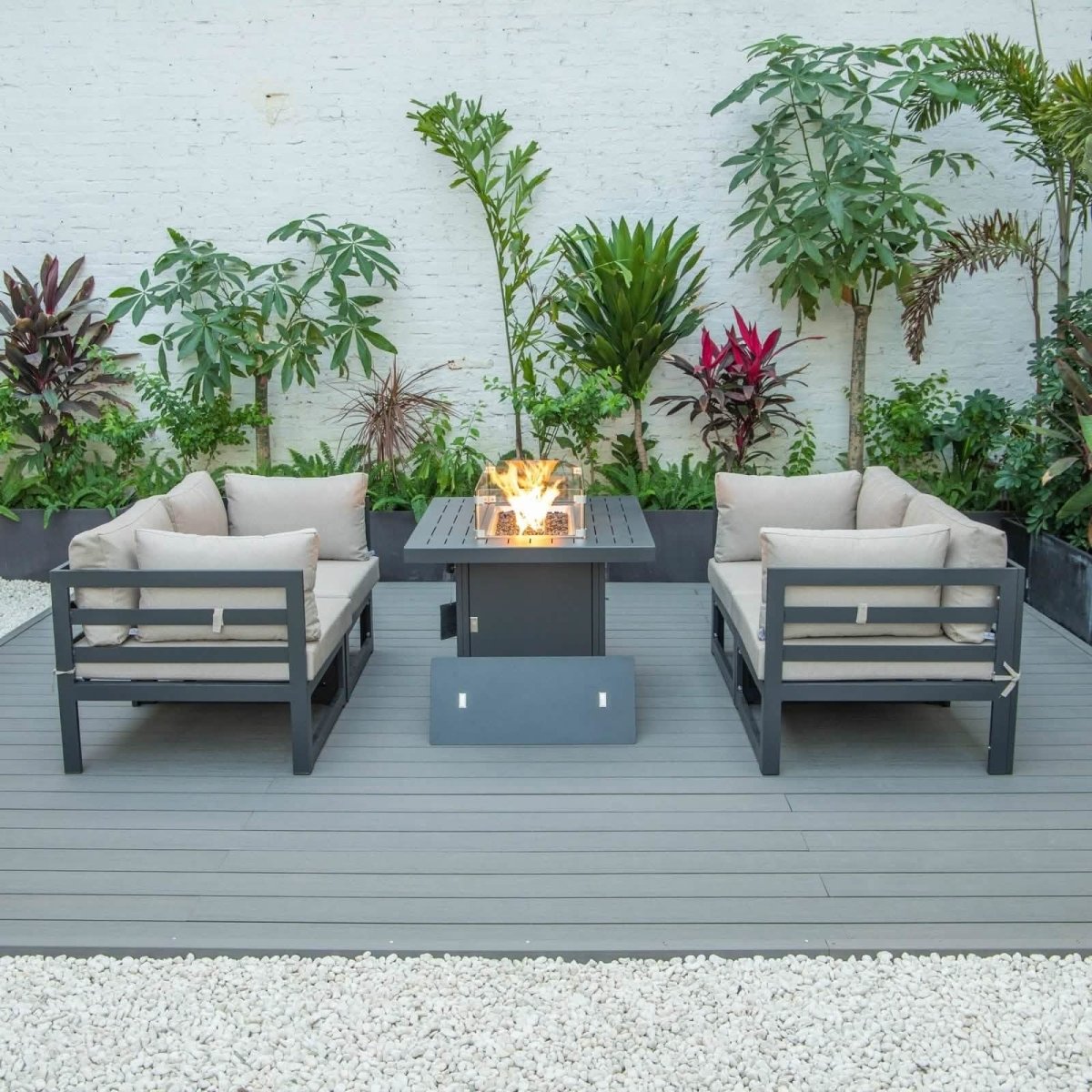 Chelsea 5 - Piece Sectional Loveseat and Fireplace Set Black Aluminum with Cushions