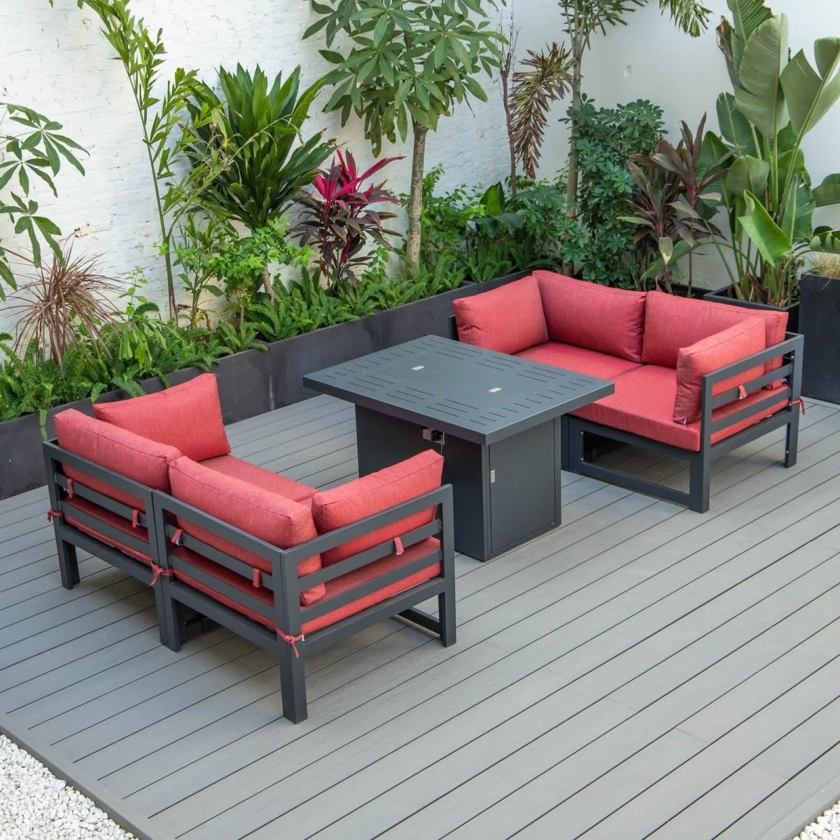 Chelsea 5 - Piece Sectional Loveseat and Fireplace Set Black Aluminum with Cushions