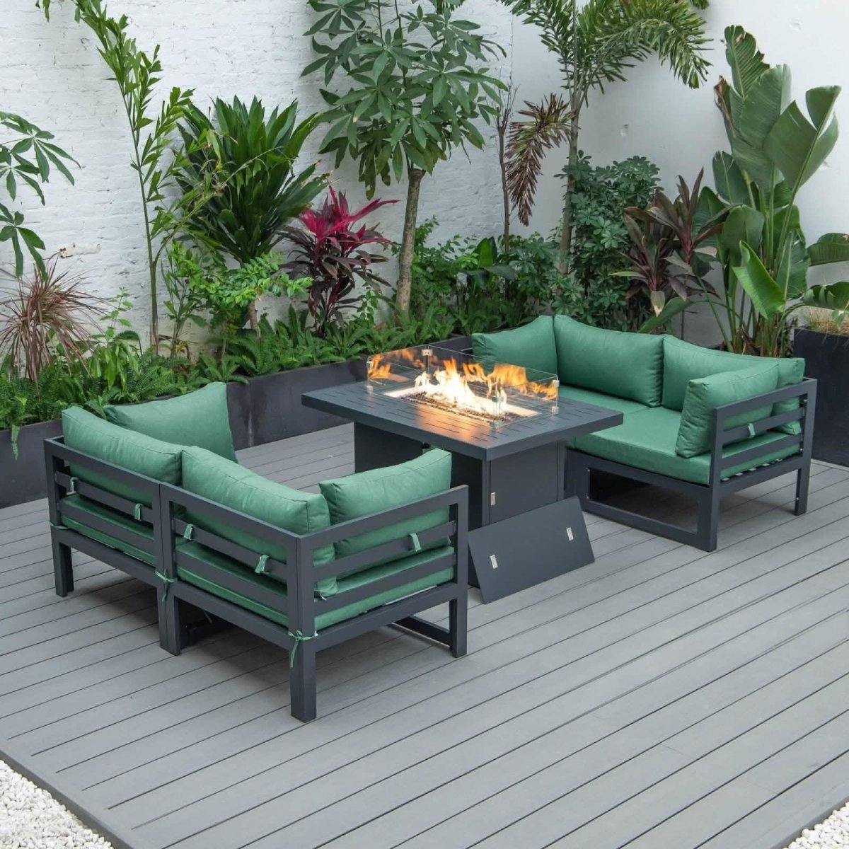 Chelsea 5 - Piece Sectional Loveseat and Fireplace Set Black Aluminum with Cushions