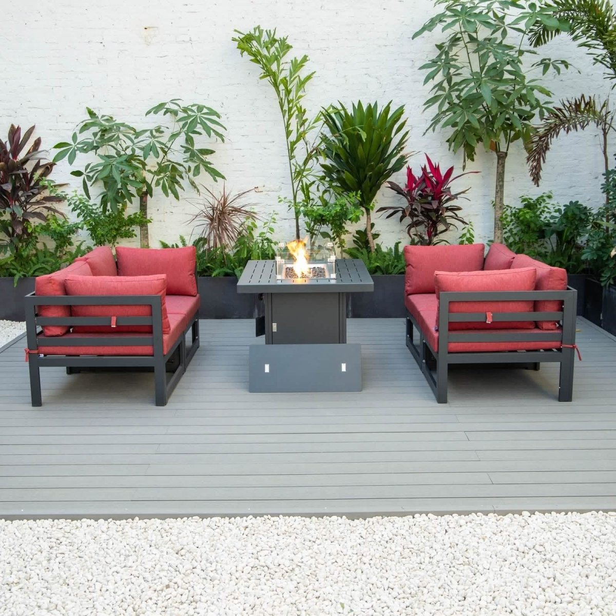Chelsea 5 - Piece Sectional Loveseat and Fireplace Set Black Aluminum with Cushions