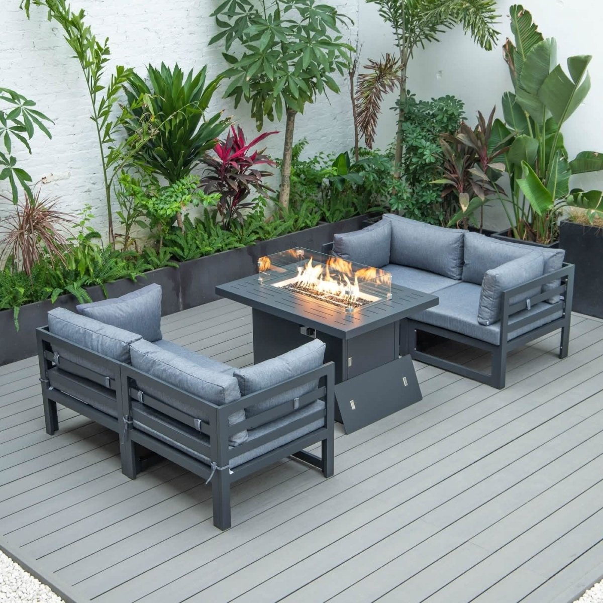Chelsea 5 - Piece Sectional Loveseat and Fireplace Set Black Aluminum with Cushions