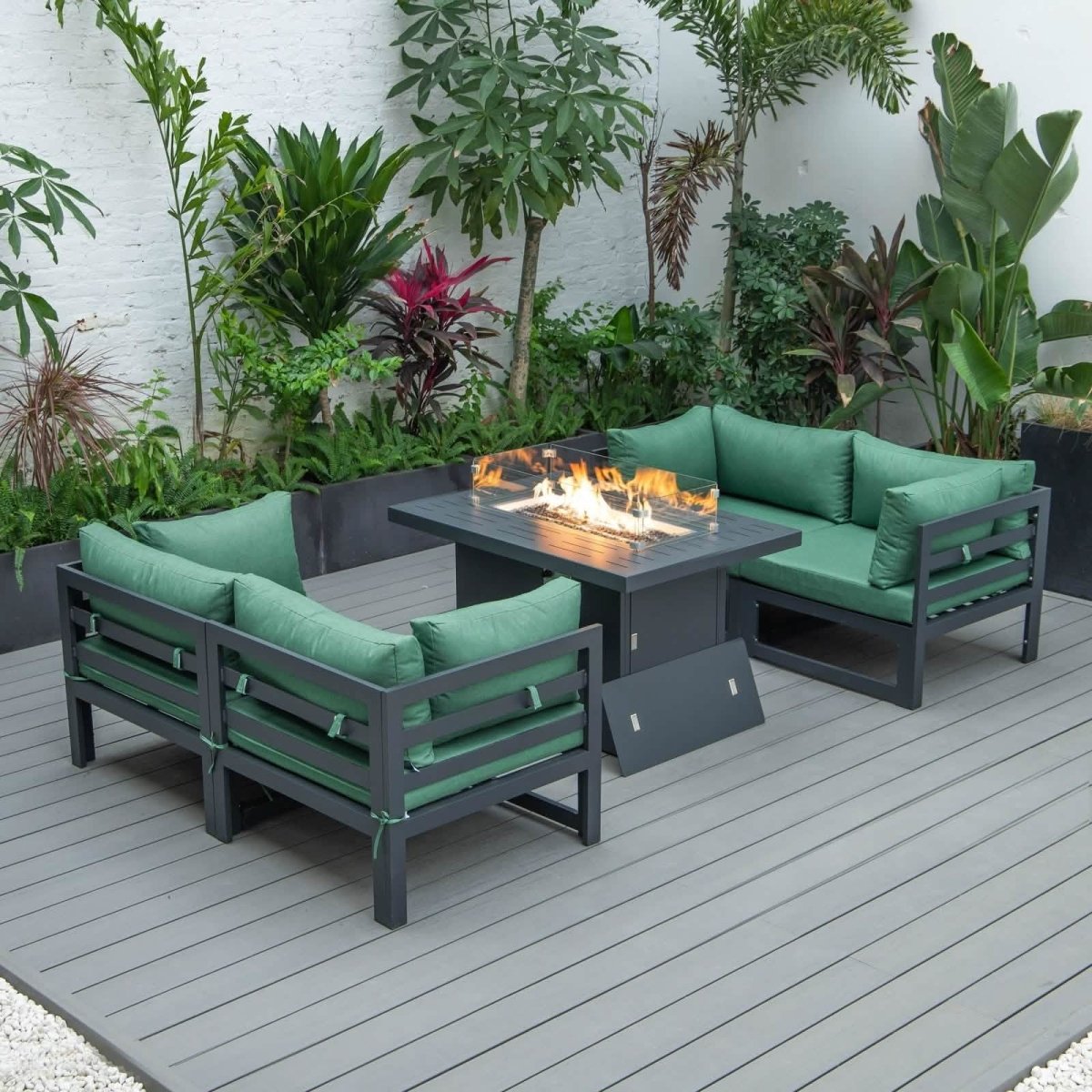 Chelsea 5 - Piece Sectional Loveseat and Fireplace Set Black Aluminum with Cushions