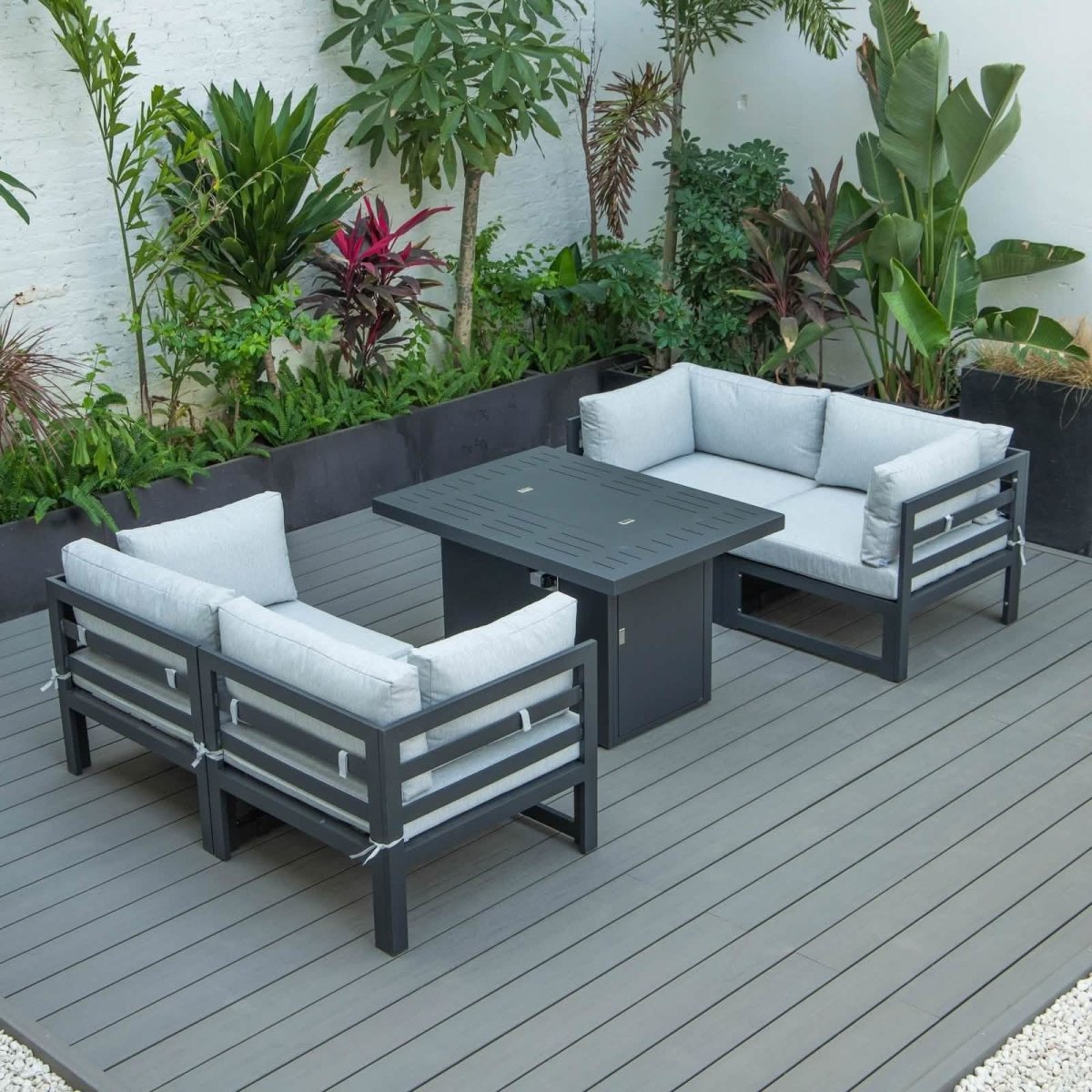 Chelsea 5 - Piece Sectional Loveseat and Fireplace Set Black Aluminum with Cushions