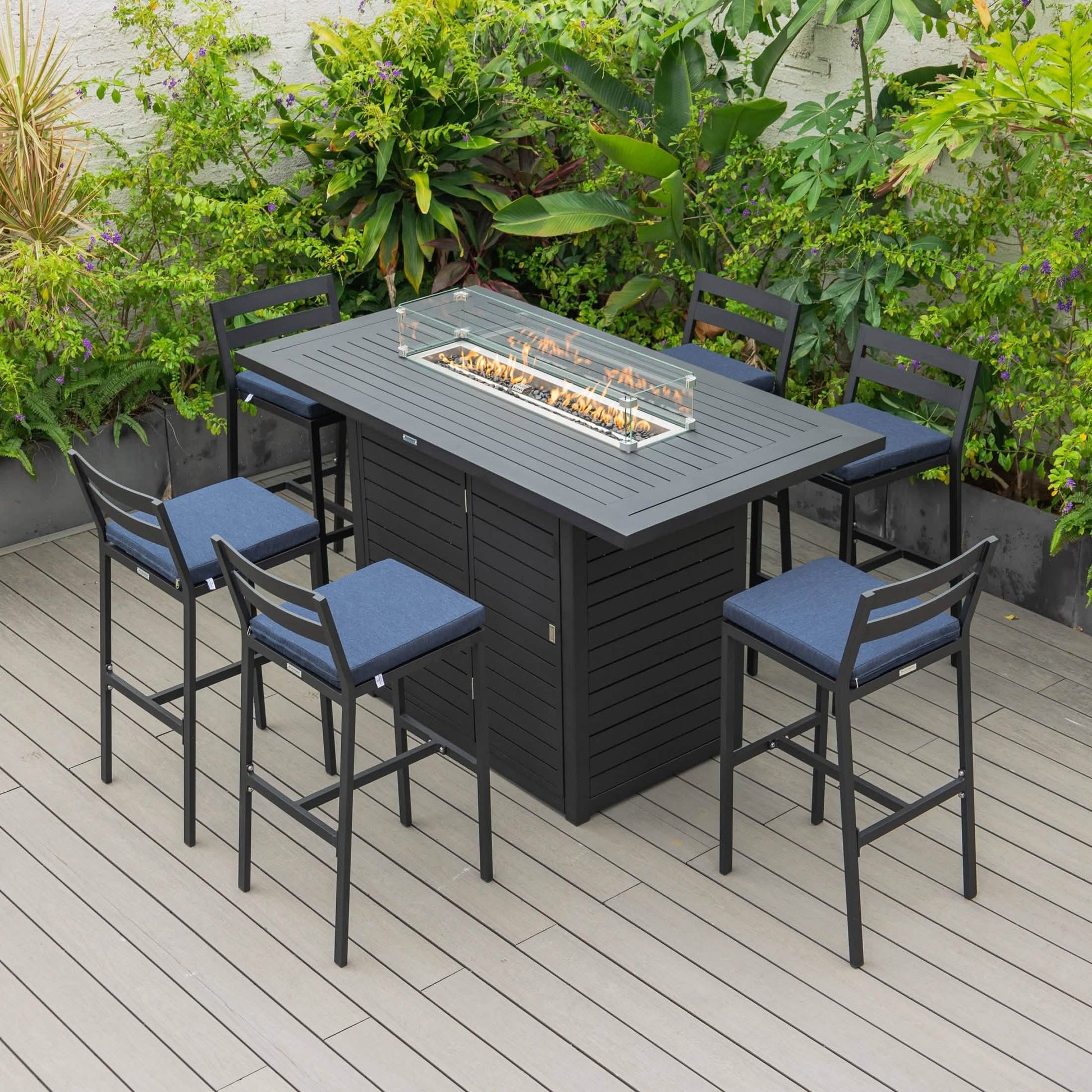 Chelsea 7 - Piece Patio Bar Set: Aluminum Fire Pit Table with Tank Holder & 6 Barstools with Cushions