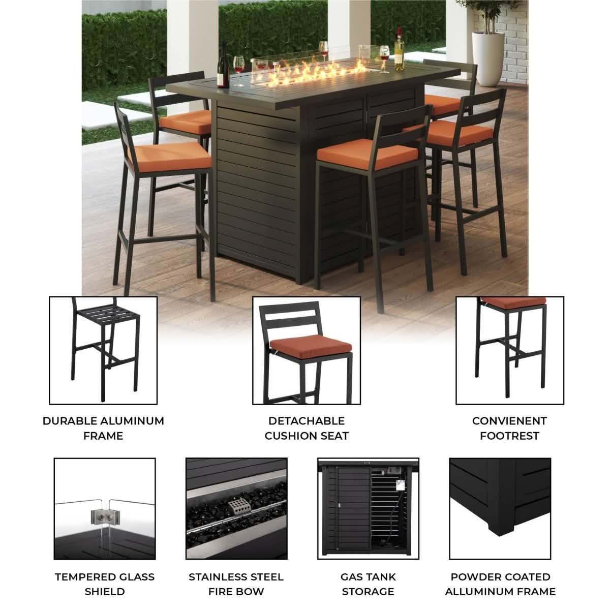 Chelsea 7 - Piece Patio Bar Set: Aluminum Fire Pit Table with Tank Holder & 6 Barstools with Cushions