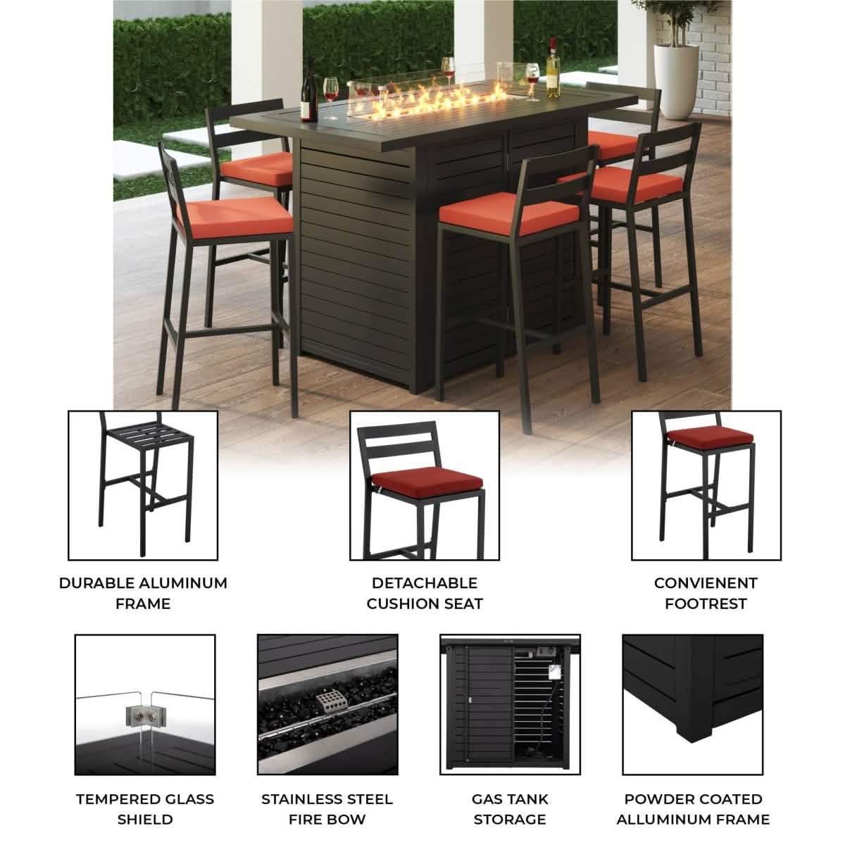 Chelsea 7 - Piece Patio Bar Set: Aluminum Fire Pit Table with Tank Holder & 6 Barstools with Cushions