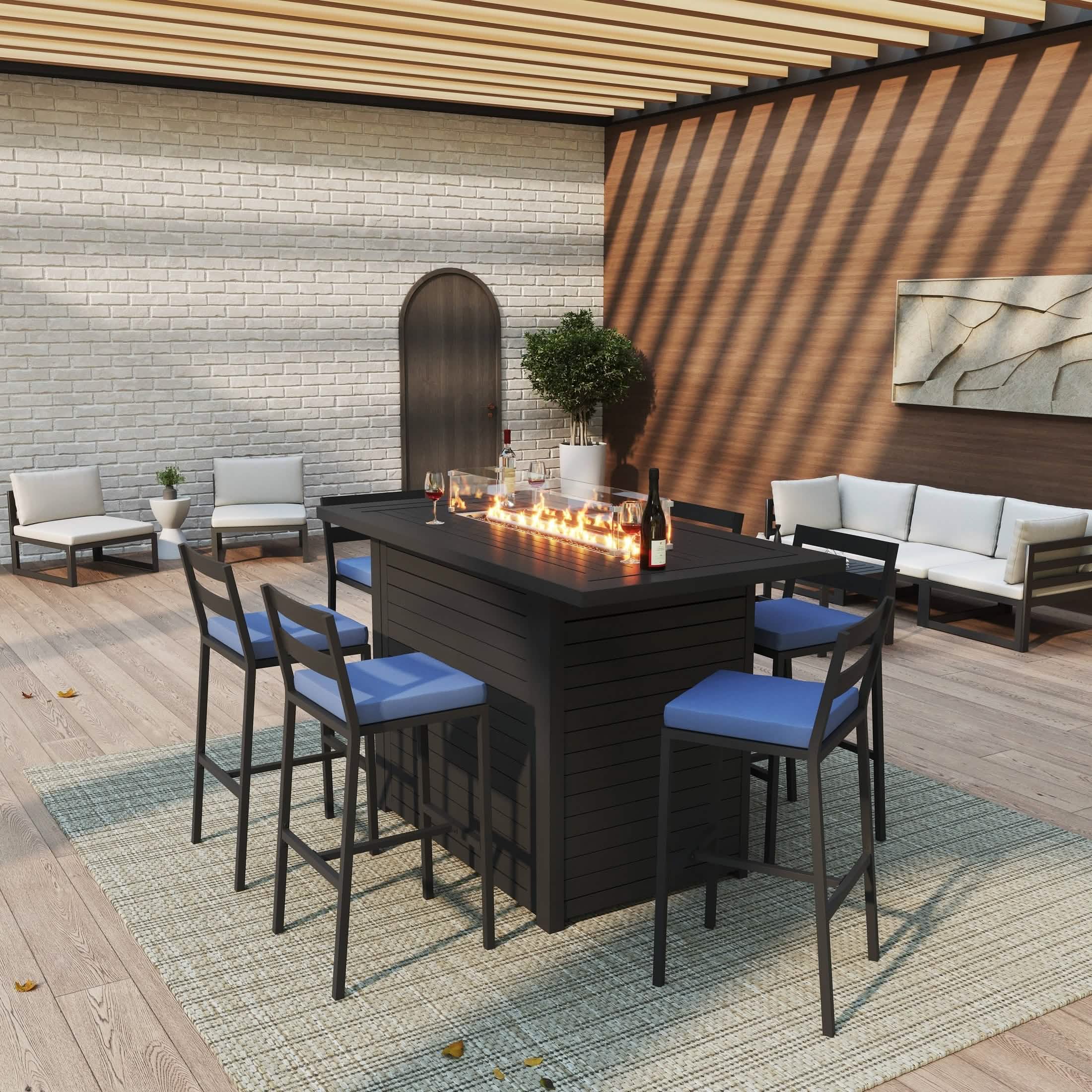 Chelsea 7 - Piece Patio Bar Set: Aluminum Fire Pit Table with Tank Holder & 6 Barstools with Cushions