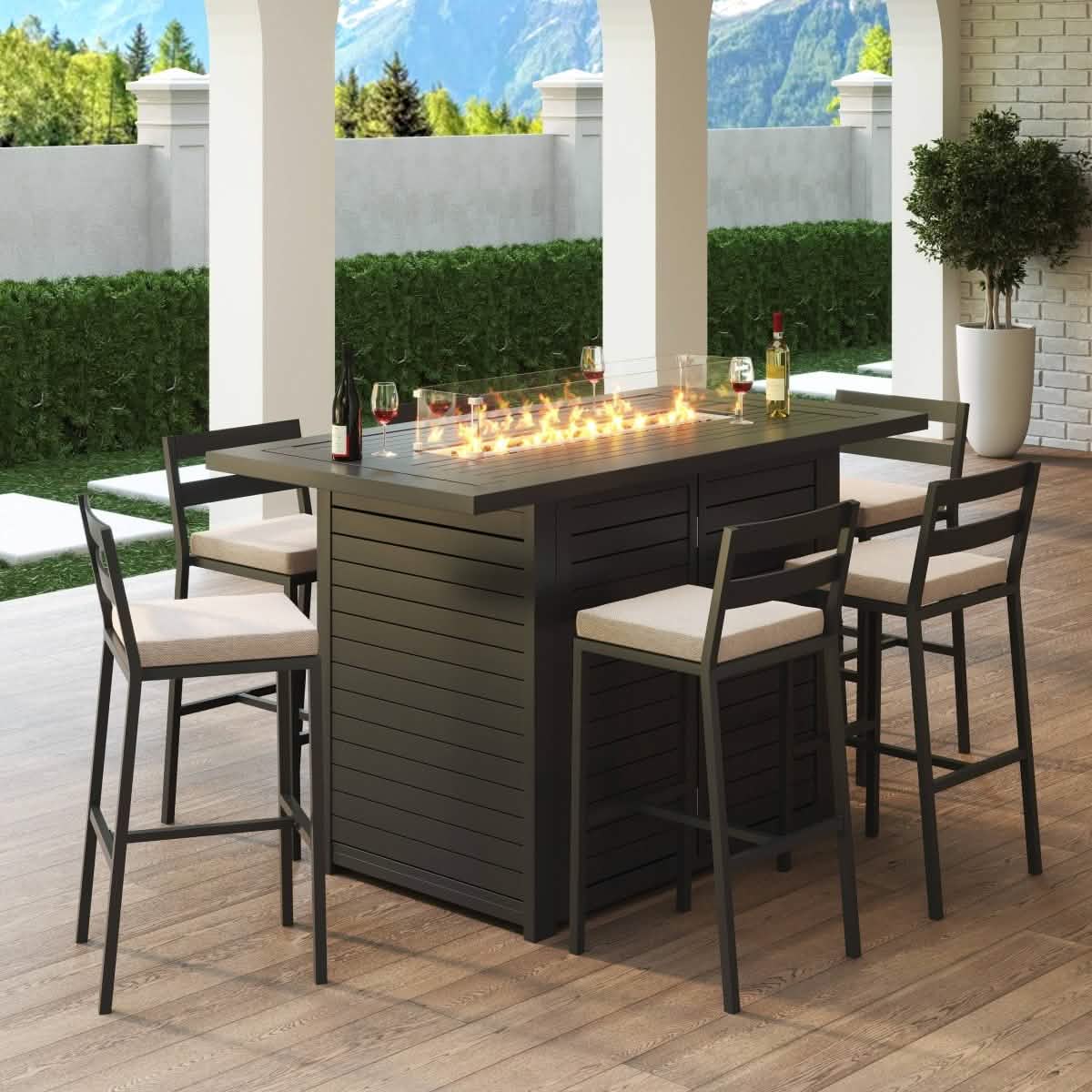 Chelsea 7 - Piece Patio Bar Set: Aluminum Fire Pit Table with Tank Holder & 6 Barstools with Cushions