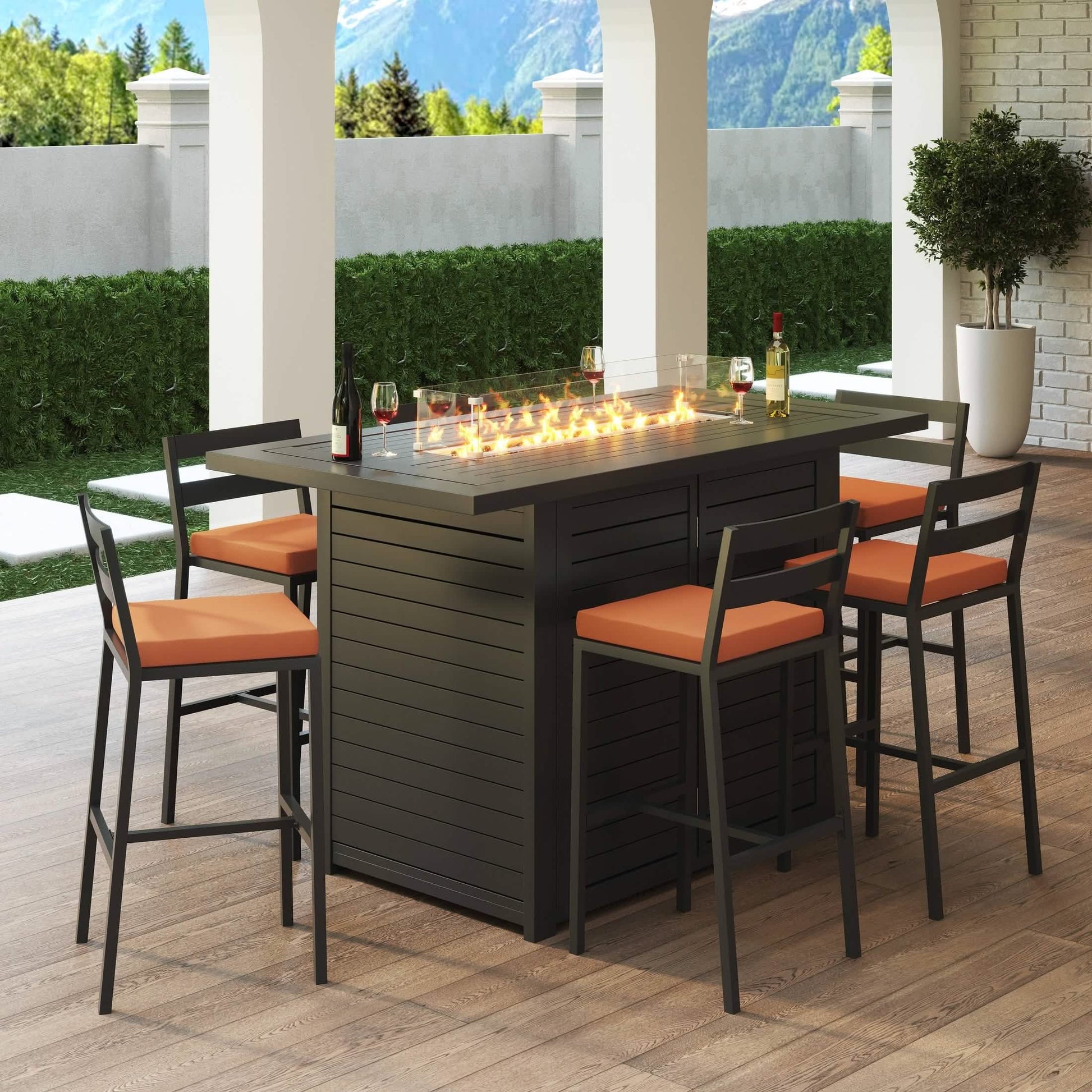 Chelsea 7 - Piece Patio Bar Set: Aluminum Fire Pit Table with Tank Holder & 6 Barstools with Cushions
