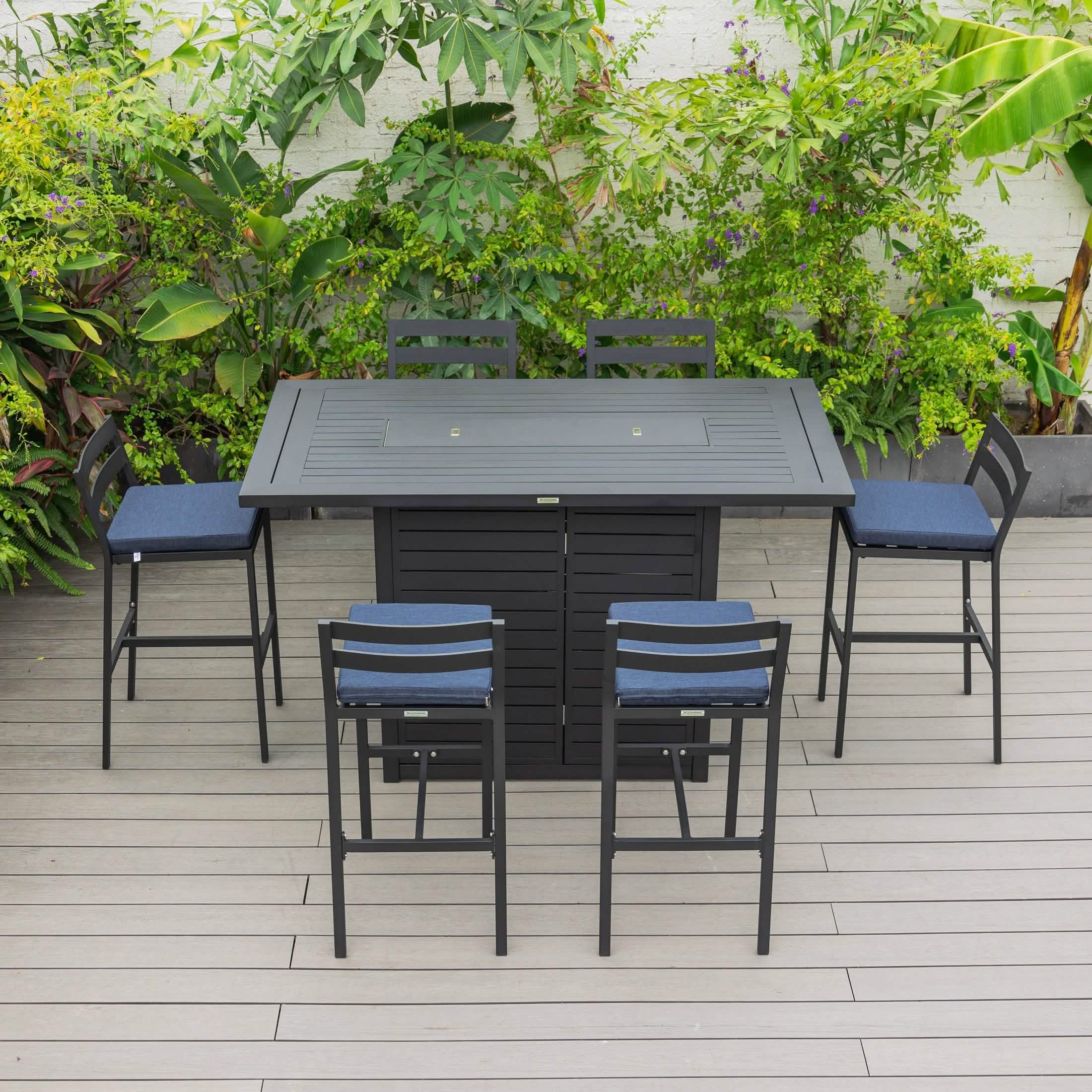 Chelsea 7 - Piece Patio Bar Set: Aluminum Fire Pit Table with Tank Holder & 6 Barstools with Cushions