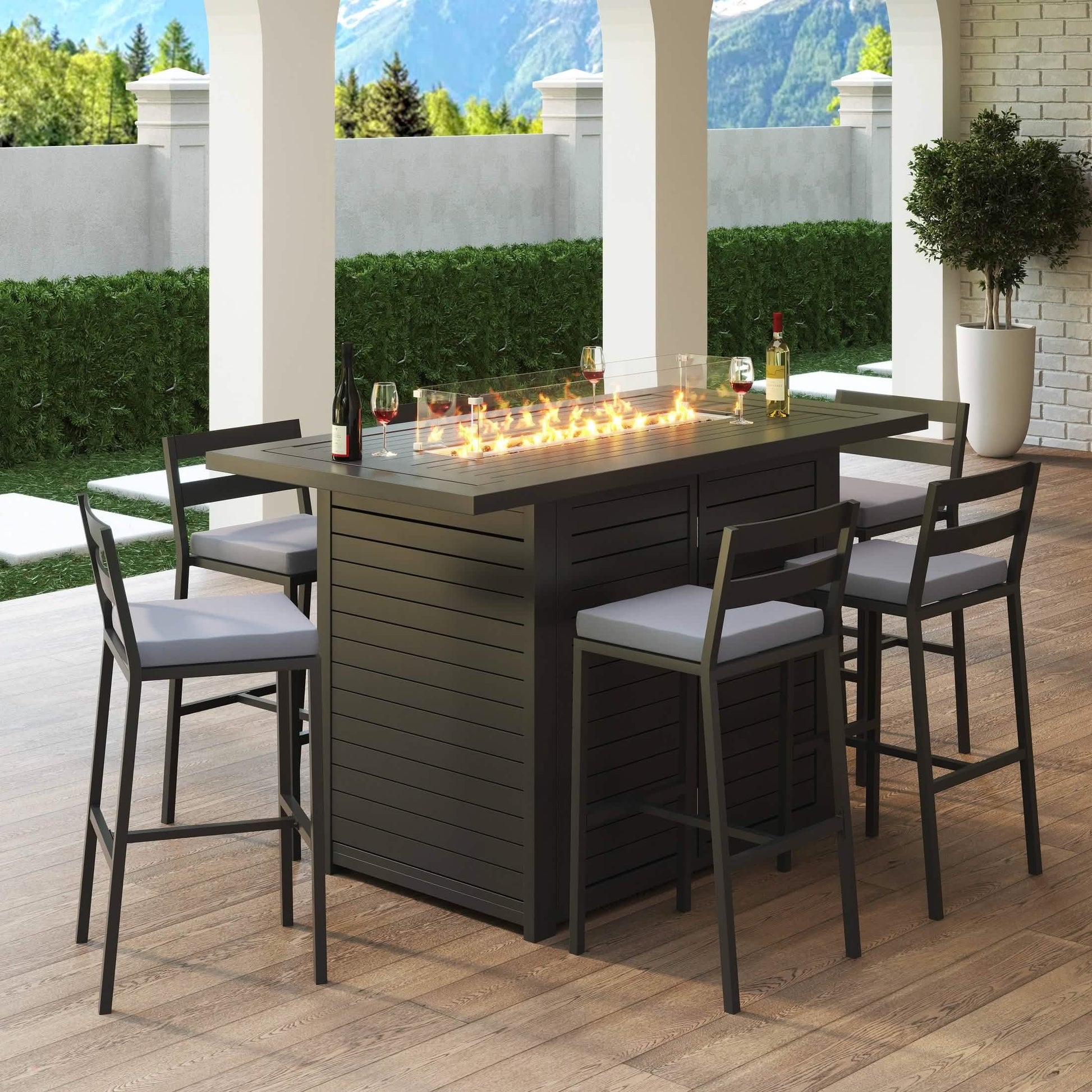 Chelsea 7 - Piece Patio Bar Set: Aluminum Fire Pit Table with Tank Holder & 6 Barstools with Cushions